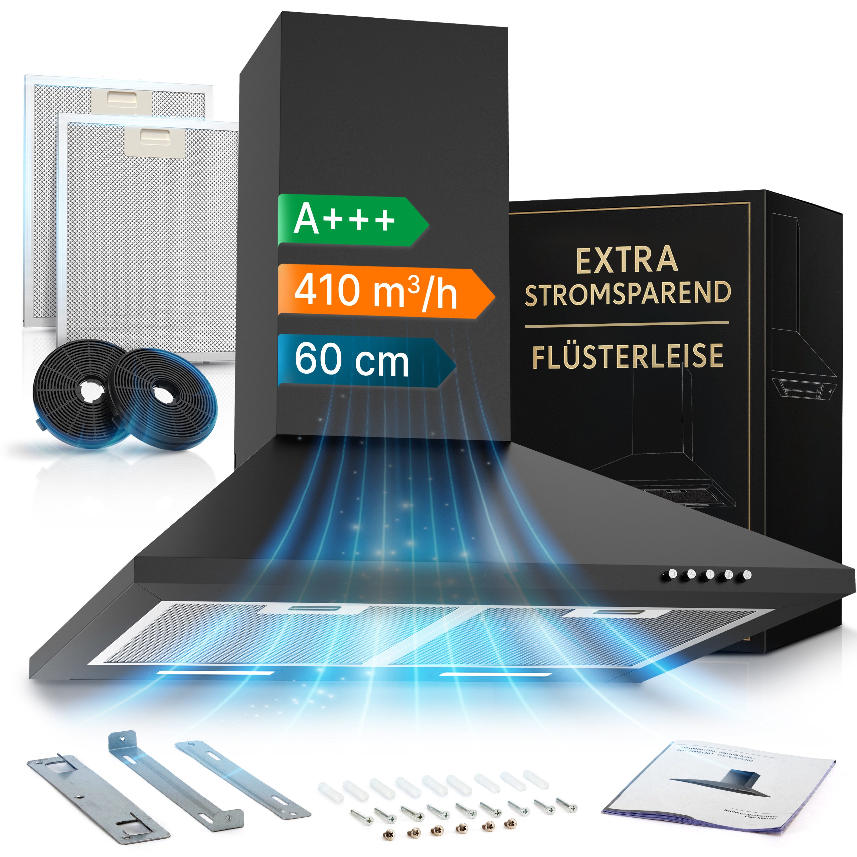 Levivo Wandhaube A+++ 410 m³/h Dunstabzugshaube 60cm und 90cm Umluft & Abluft A+++ 410 m³/h Dunstabzugshaube 60cm und 90cm Umluft & Abluft, Aktivkohlefiltern, Fettfiltern, LED-Beleuchtung