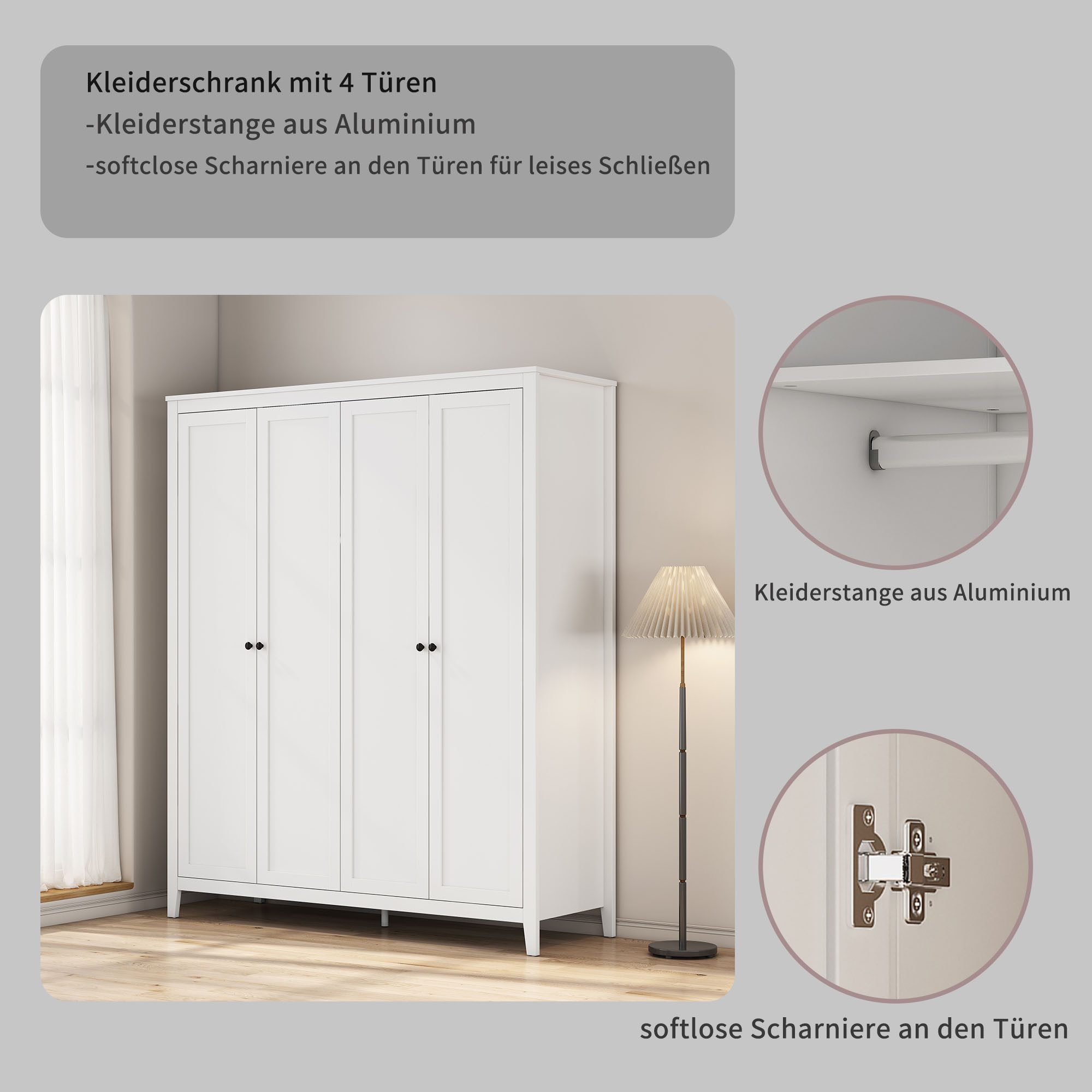 OTTO home Kleiderschrank Borkum Sideboard Anrichte mit 6 Schubladen Landhaus weiß (schwarze Griffe aus Metall) Schlafzimmerschrank mit 6 Böden und Kleiderstange – Bild 4 von 5
