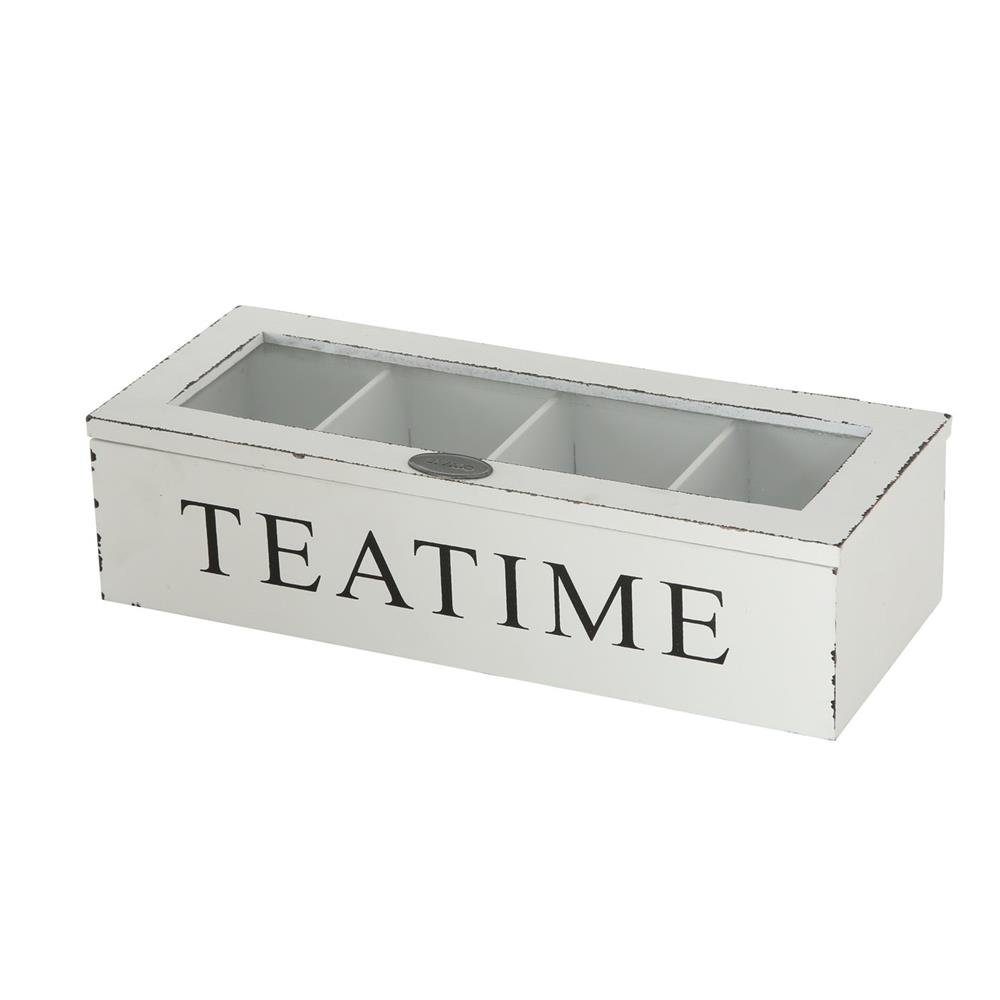 BOLTZE Teebox Fjord, Weiß Holzbox mit Glasdeckel für Teebeutel Landhaus Design