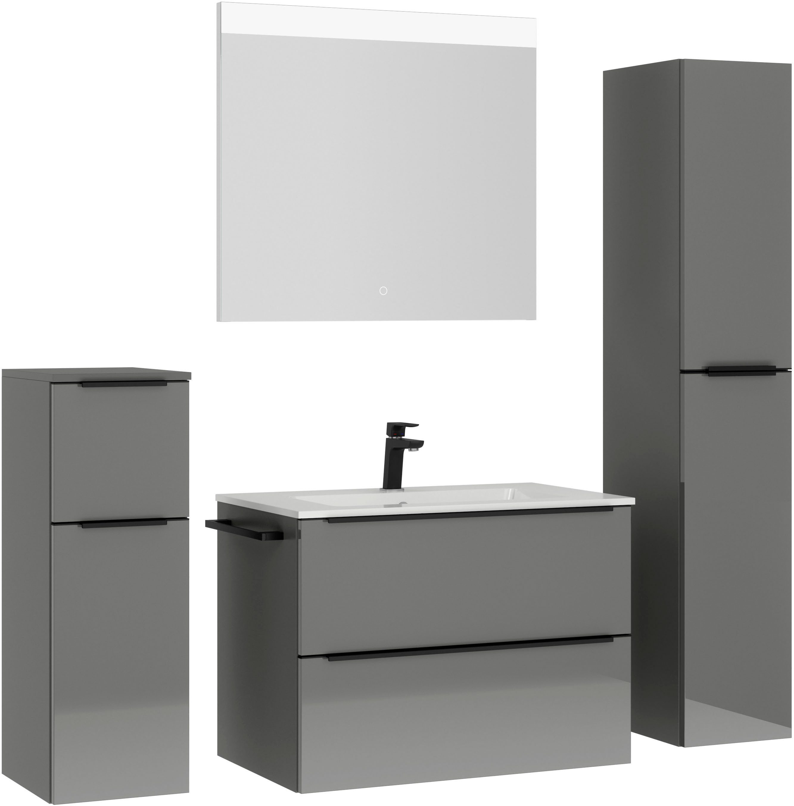 nobilia® Badmöbel-Set Levere, (4-St., vormontiert, mit Soft-Close), Hochglanz, inkl. Spiegel mit Touch-Sensor, in vier Breiten