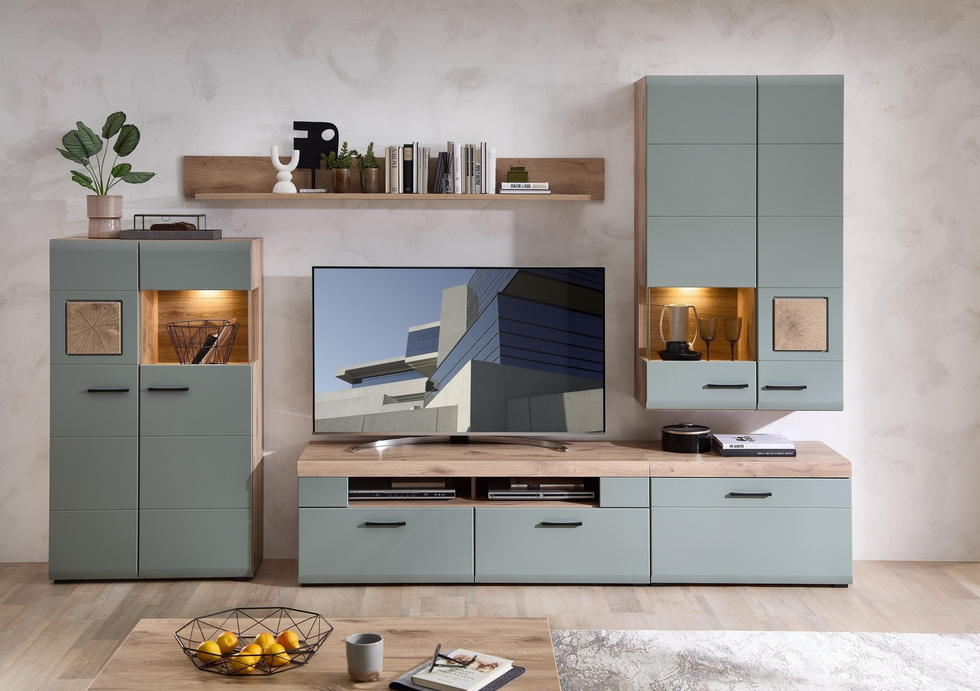 freiraum Wohnwand Kathlin, (5-teilig), (5-teilig) schilfgrün / Eiche Dekor - ca. 320x205x47cm (BxHxT)