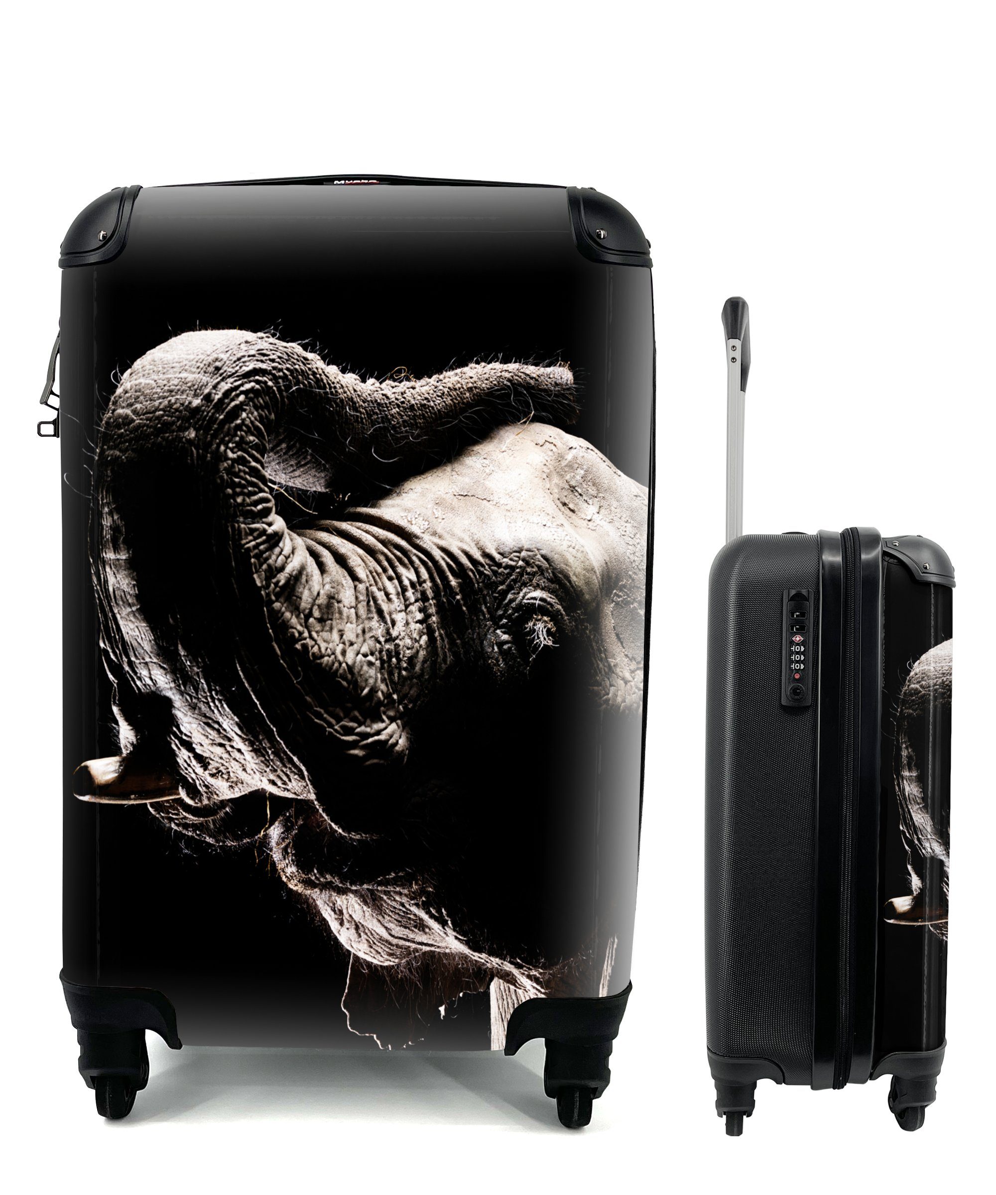 MuchoWow Handgepäckkoffer Elefant Schwarz Handgepäck mit Trolley, Reisetasche rollen, 4 Ferien, Tiere Reisekoffer - Rollen, für - Porträt, 