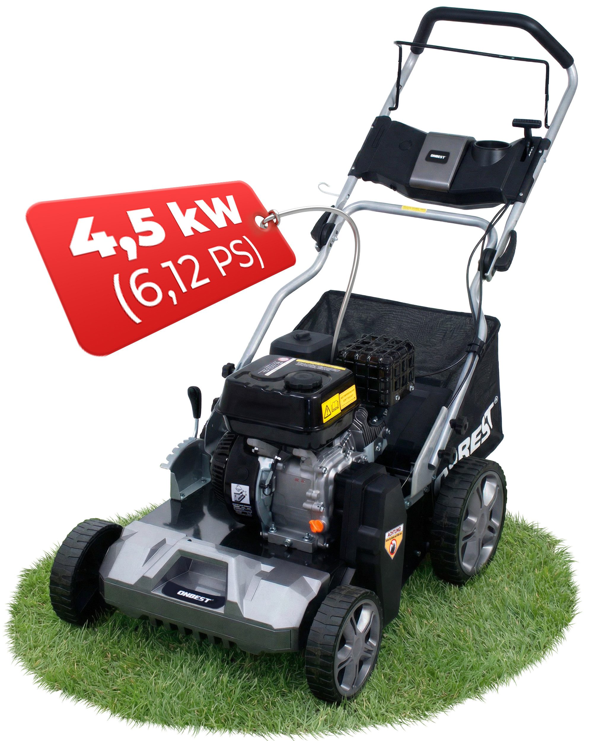 Onbest Benzin-Vertikutierer / Lüfter S4544, 2in1 4,5 kW / 6,12 PS 45L Fangkorb, 6-Stufen, 44 cm Arbeitsbreite, -15 bis +15 mm, 223 cm³