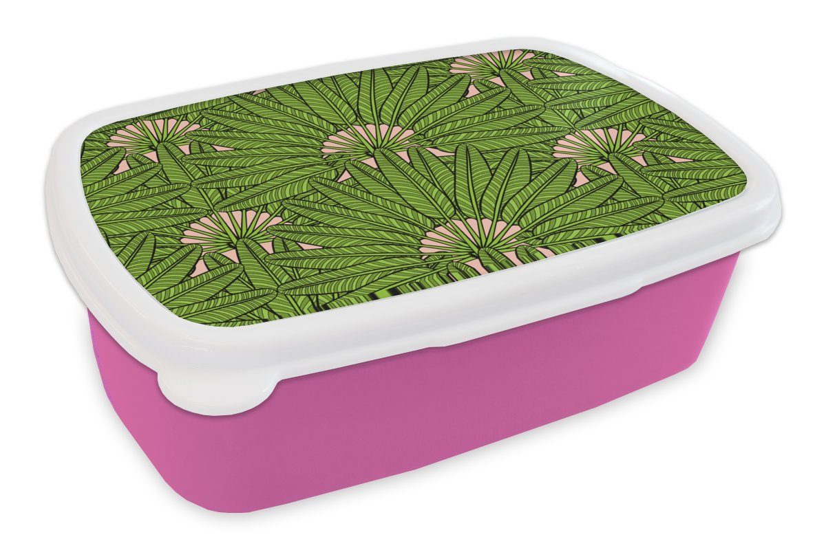 MuchoWow Lunchbox Palmenblatt - Muster - Dschungel - Tropisch, Kunststoff, (2-tlg), Brotbox für Erwachsene, Brotdose Kinder, Snackbox, Mädchen, Kunststoff rosa