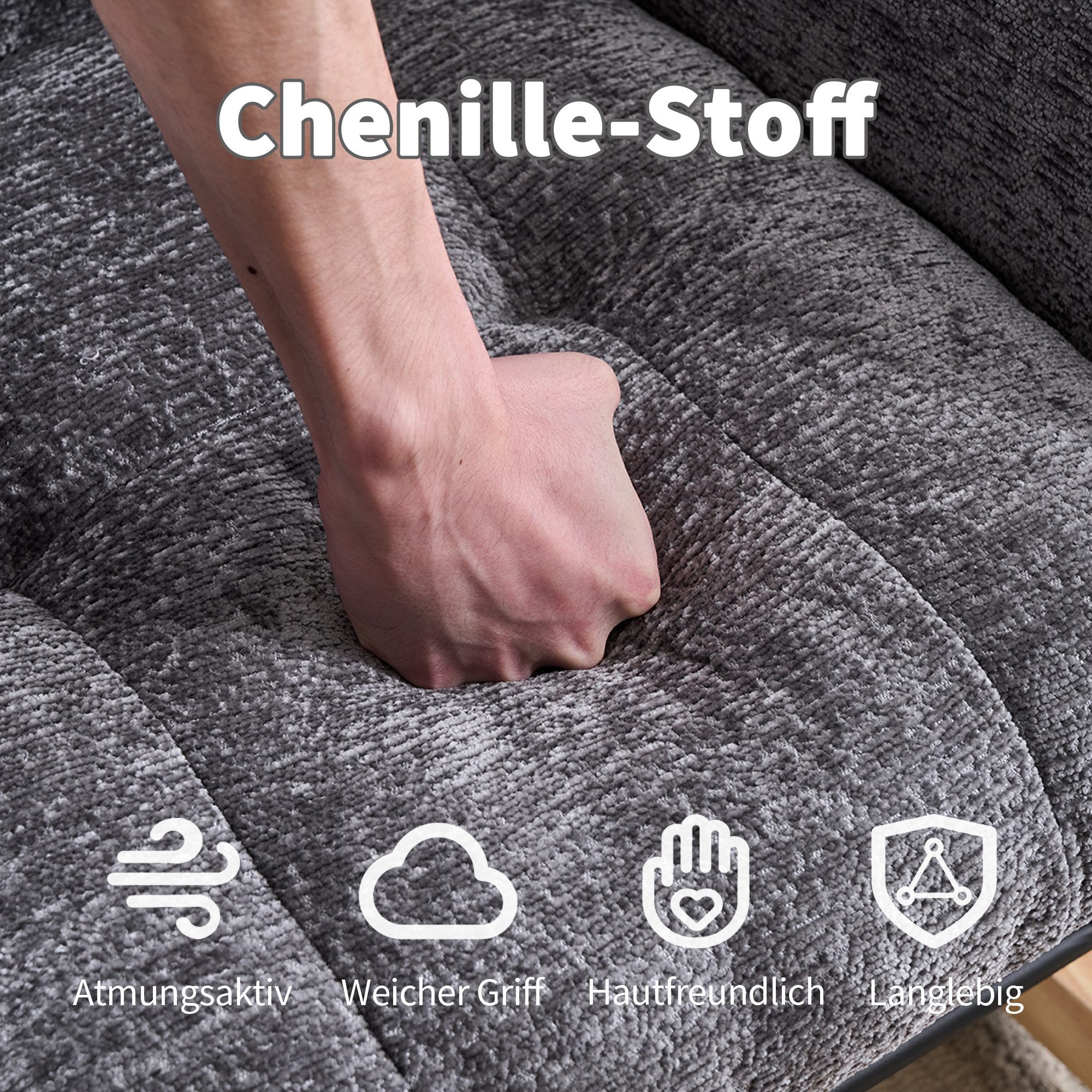 Vankel Schaukelstuhl Relaxsessel Chenille mit Fußstütze, Schaukelfunktion & Stauraum, Bequemer Schaukelstuhl mit Luftkissen-Rückenlehne für Wohnzimmer – Bild 5 von 5