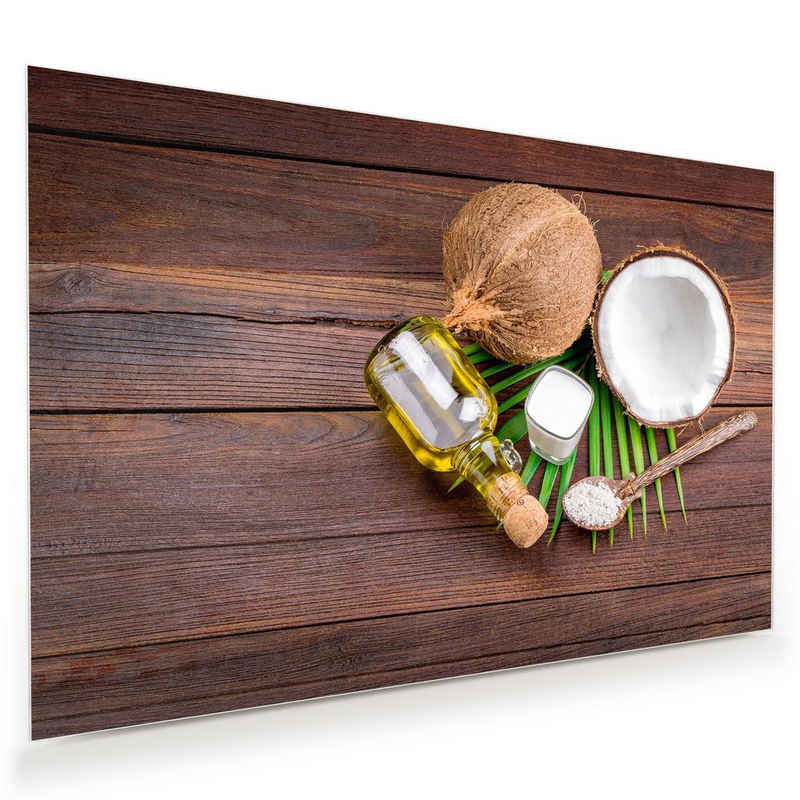 Primedeco Glasbild Wandbild Kokosmilch und Öl mit Aufhängung, Früchte