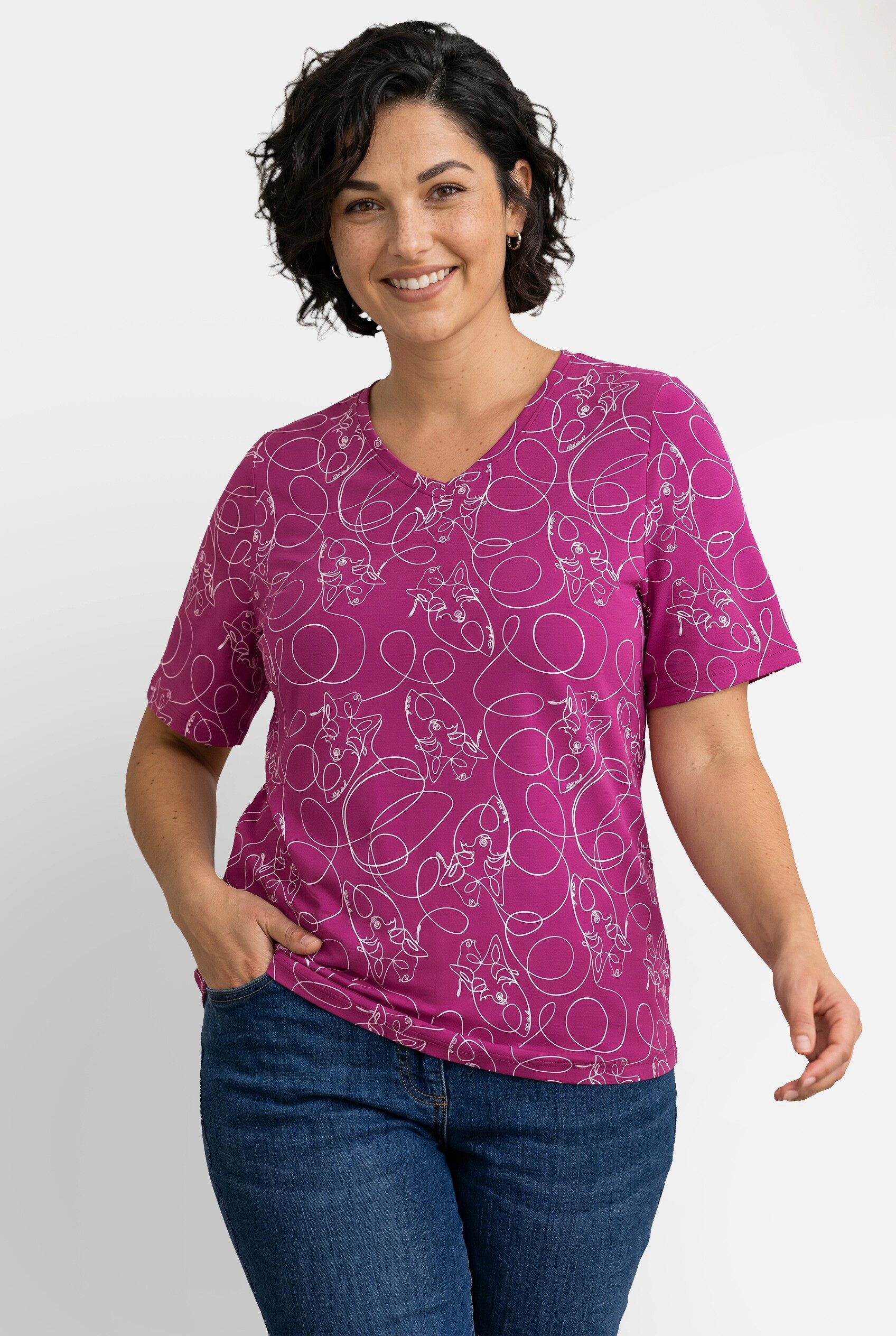 Ulla Popken T-Shirt T-Shirt Tiere Classic V-Ausschnitt Halbarm