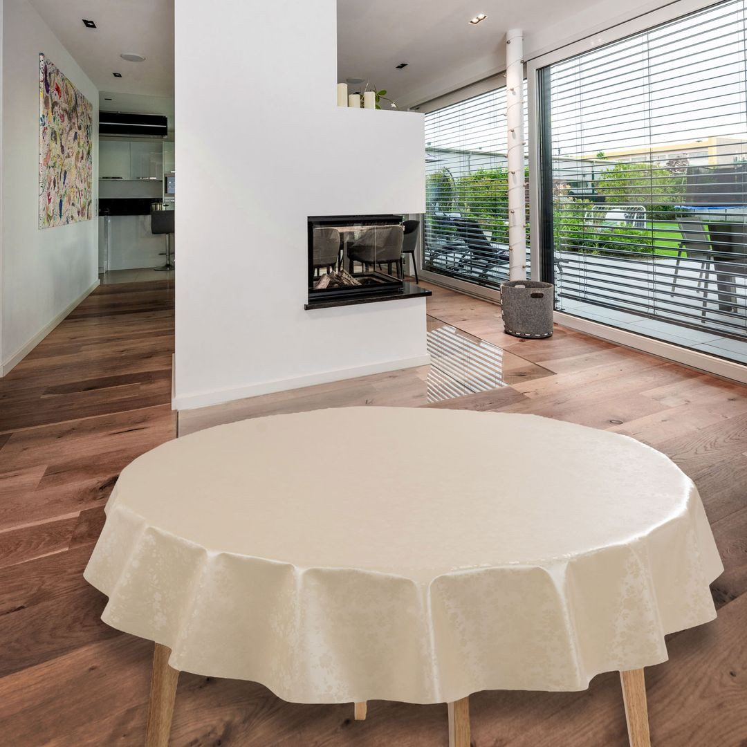 laro Tischdecke Wachstuch-Tischdecken Abwaschbar Geprägt Blumen Beige Creme Rund 140cm – Bild 2 von 5