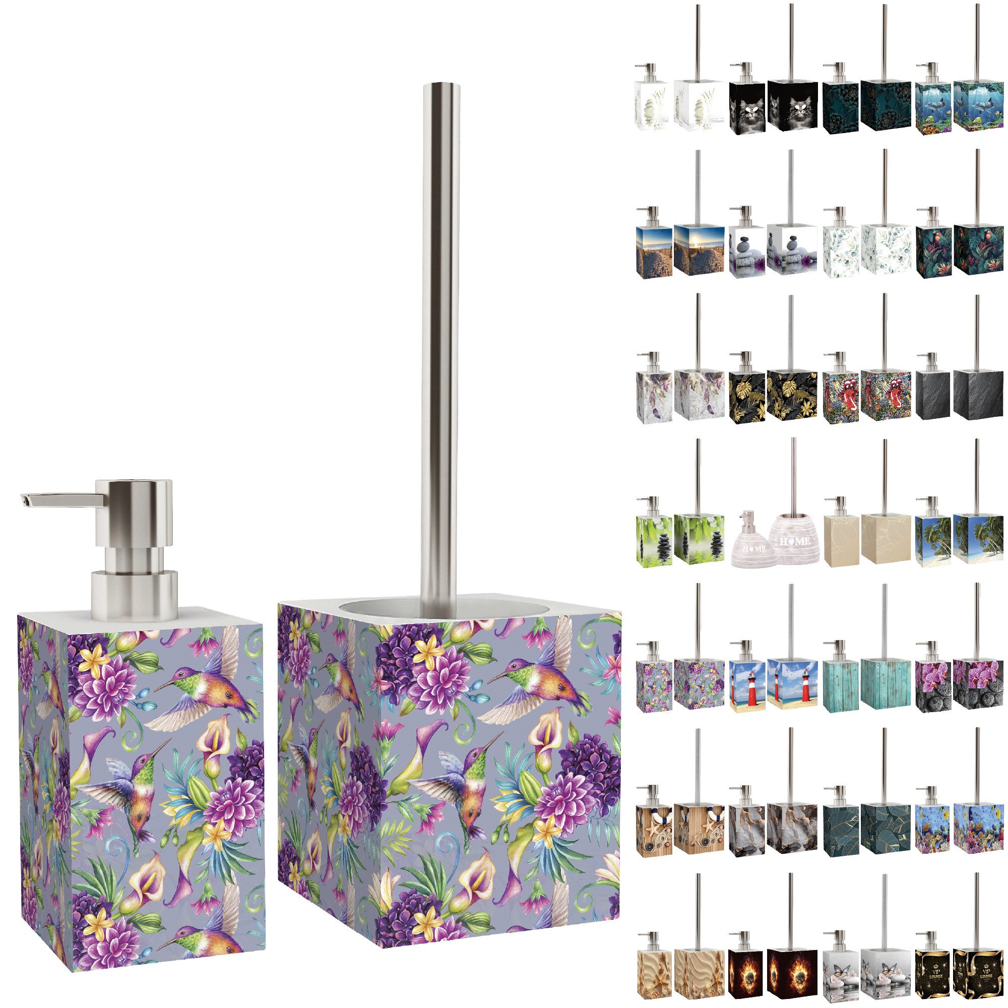 Badaccessoire-Set mit Motiv, viele schöne Seifenspender und WC Bürsten zur Auswahl