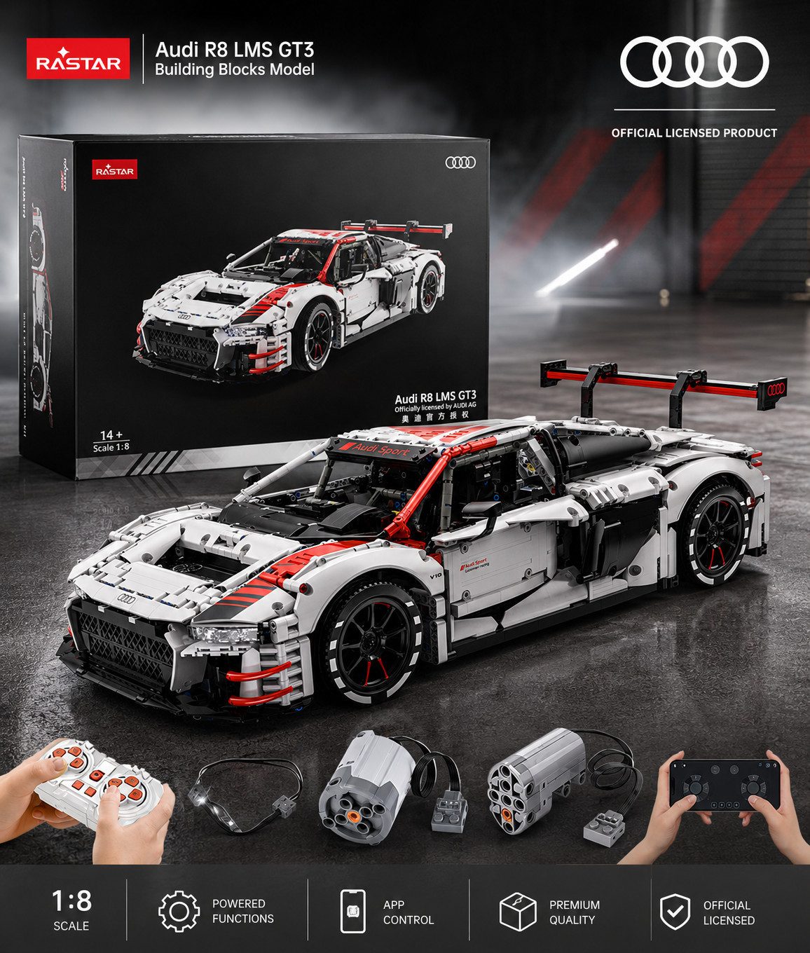RASTAR Rastar 99300 Audi R8 LMS GT3 Baustein Set 3314 Teile RC Version Konstruktions-Spielset, (3314 St)