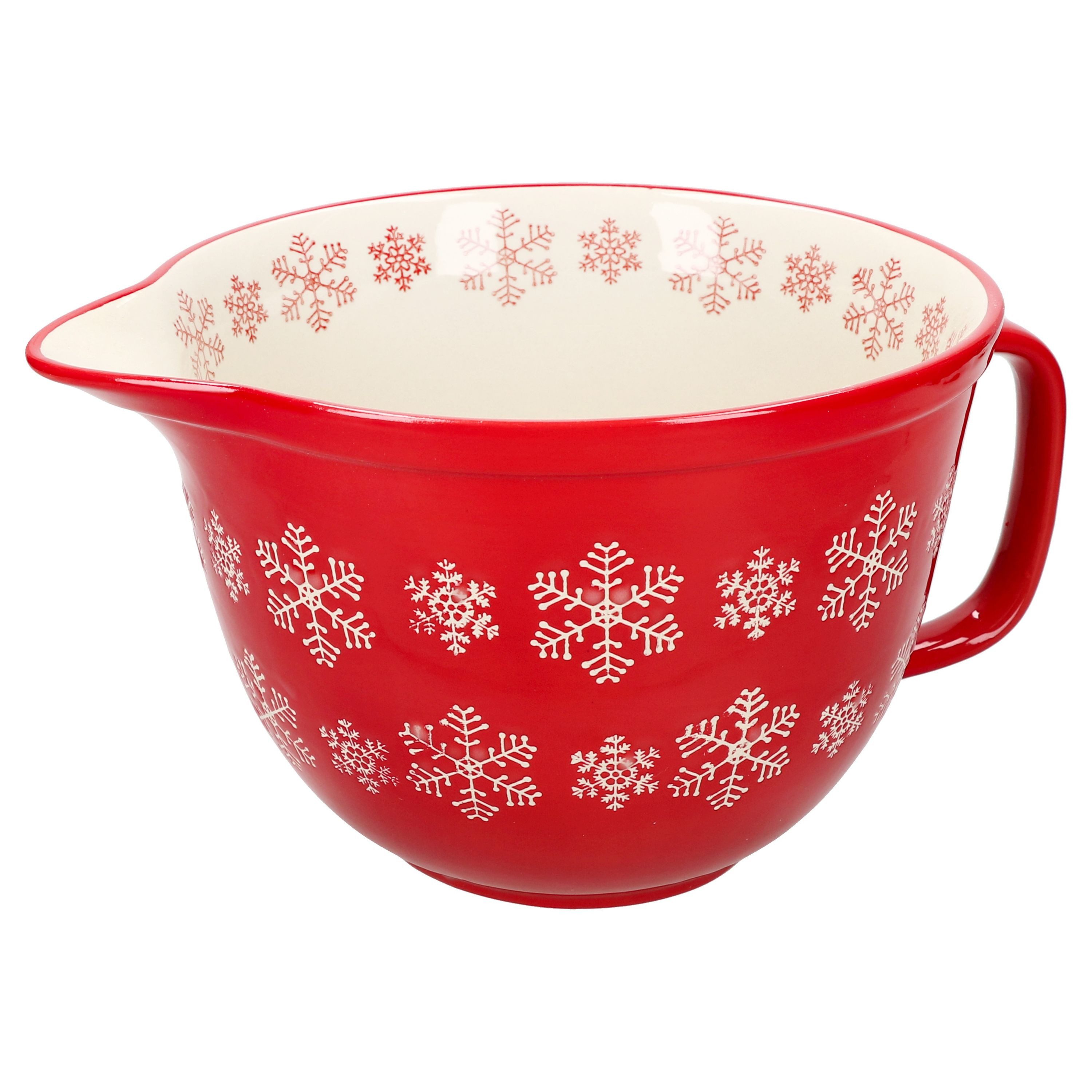 MamboCat Servierschale Rührschüssel Schneeflocke rot creme 2,5L Teigschale mit Griff Kekse, Steingut