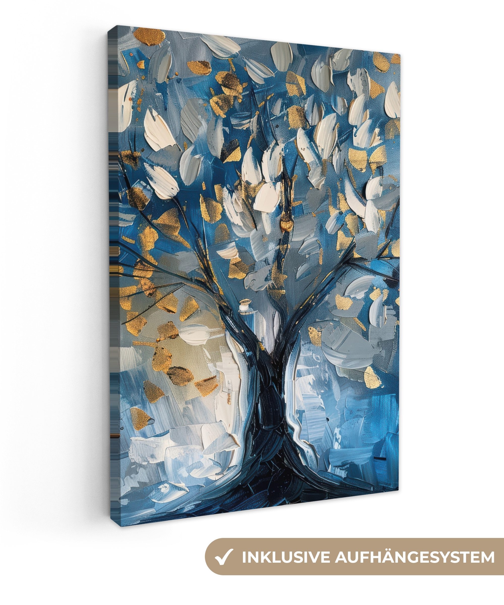 OneMillionCanvasses® Leinwandbild Baum - Blau - Gold - Abstrakt - Modern, Fotodruck (1 St), Leinwand Canvas Wandbild, Wanddekoration 20x30 cm