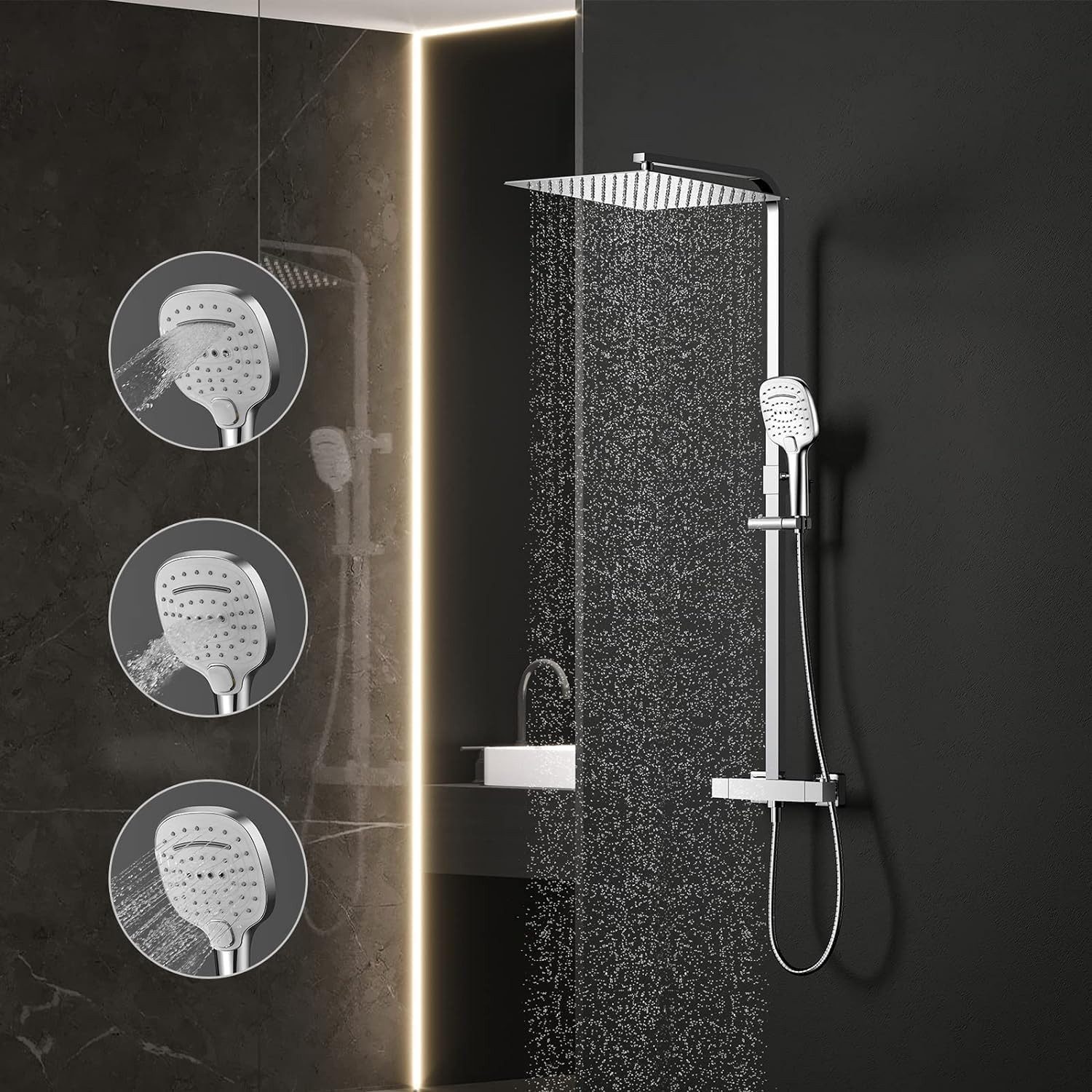 KOMIRO Duschsystem mit Thermostat, Duschset, Duschsäule Regendusche, mit 30 * 30cm Kopfbrause und Duscharmatur Thermostatventil aus Kupfer