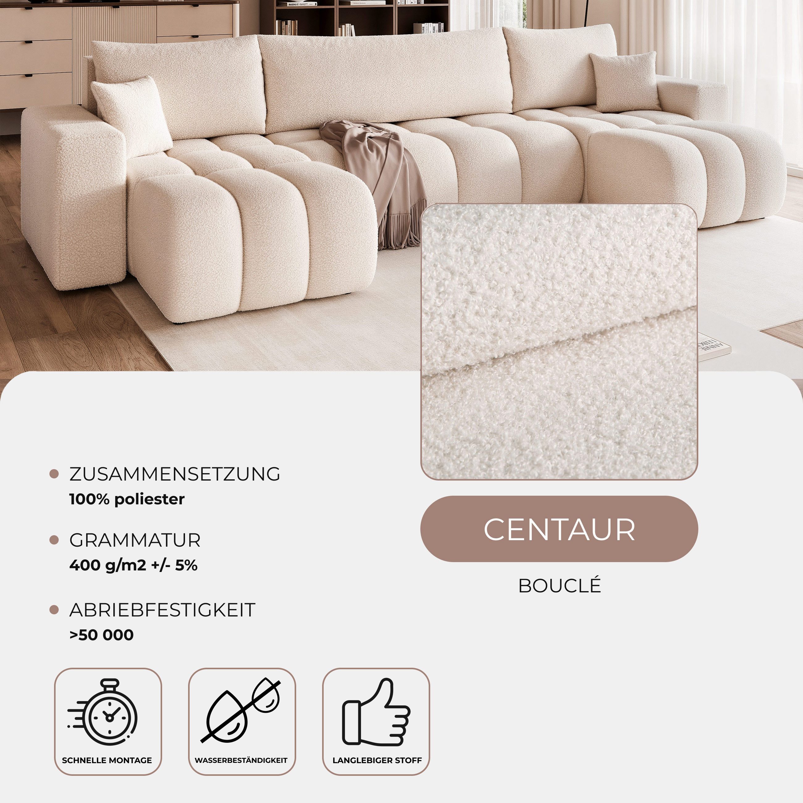 yourhouse24 Wohnlandschaft XXL U-Sofa OLI U mit tiefer Steppung (318 cm) – Bouclé-Stoff, Seite universal – Bild 5 von 5