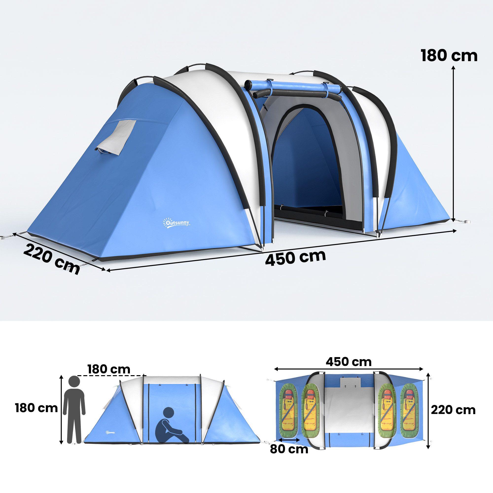 Outsunny Tunnelzelt Zelt Kuppelzelt, mit 2 Zimmer, wasserabweisend, Seitentür Fenster, Personen: 5 (Campingzelt, 1 tlg., Familienzelt), mit 3000mm Wassersäule, für Camping, Reise, Garten