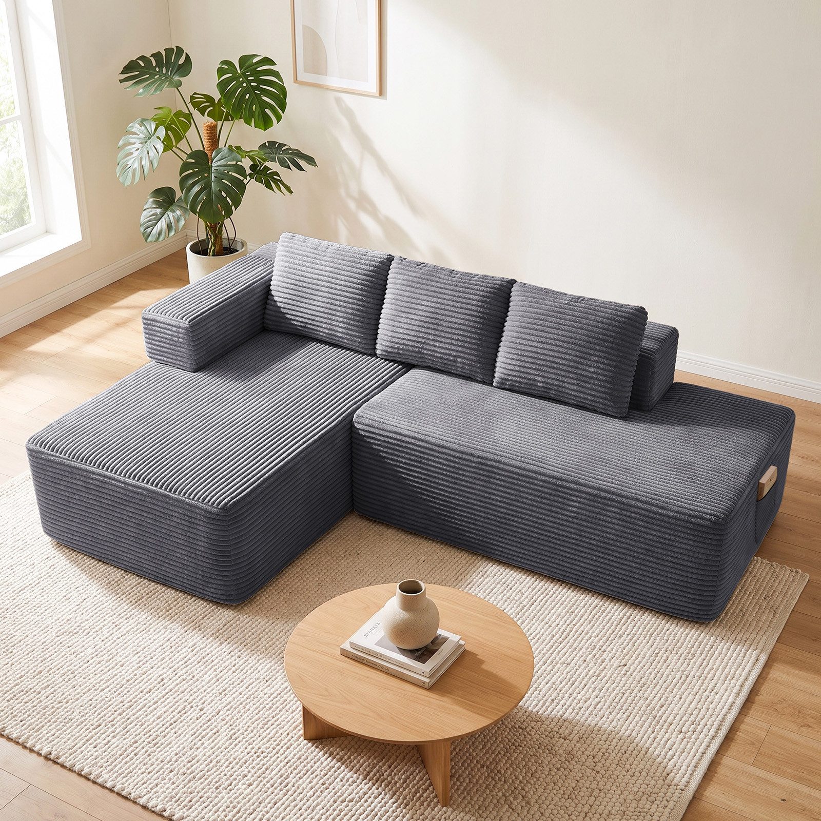 COMHOMA Sofa Ecksofa, Corduroy Modulares Boneless Couch mit Chaiselongue, Metallgestell, L-Form Schlafsofa mit Kissen & Seitentaschen