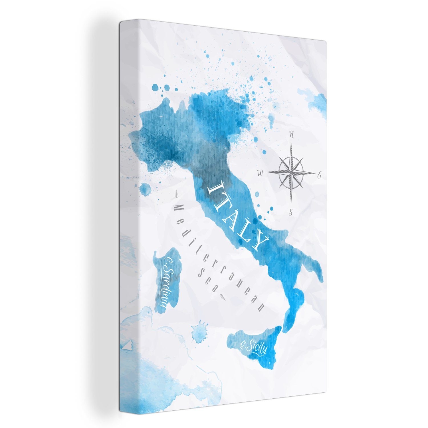 OneMillionCanvasses® Leinwandbild Weltkarte - Blau - Italien, (1 St), Leinwandbild fertig bespannt inkl. Zackenaufhänger, Gemälde, 20x30 cm