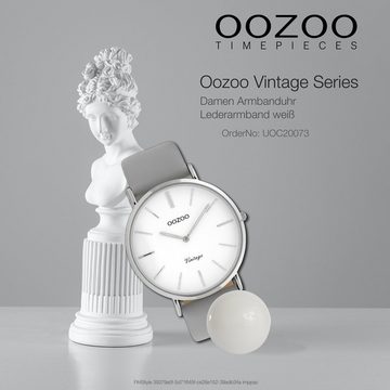 OOZOO Quarzuhr Oozoo Damen Armbanduhr weiß Analog, (Analoguhr), Damenuhr rund, groß (ca. 40mm) Lederarmband, Fashion-Style