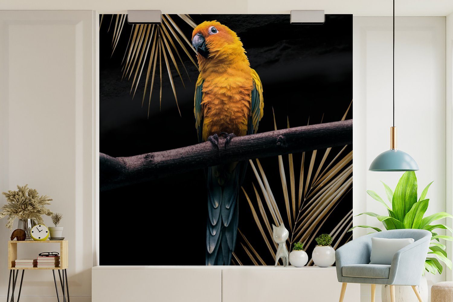 Papagei (5 Wohnzimmer Vogel Fototapete St), oder Wandtapete - Farn, Vinyl - MuchoWow bedruckt, Schlafzimmer, Matt, für Tapete Zweig -