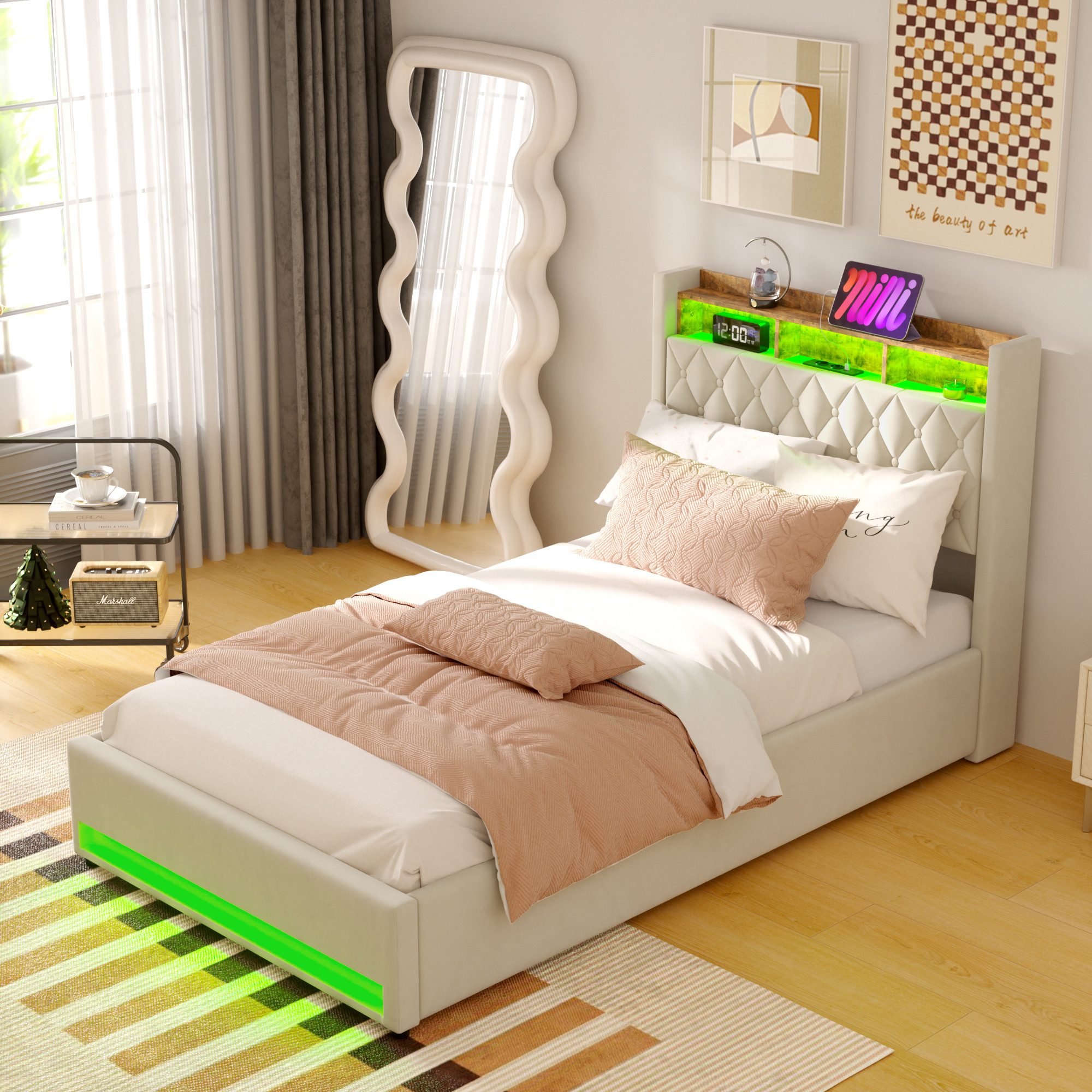 REDOM Polsterbett Ausstattung mit Premium-Samt (Kombinierter Rahmen aus Holz und Eisen • atmungsaktiver Polsterschaum • serienmäßig mit Lattenrost, 1-tlg., 140*200), Mit LED-Lichtleiste und USB-Aufladung