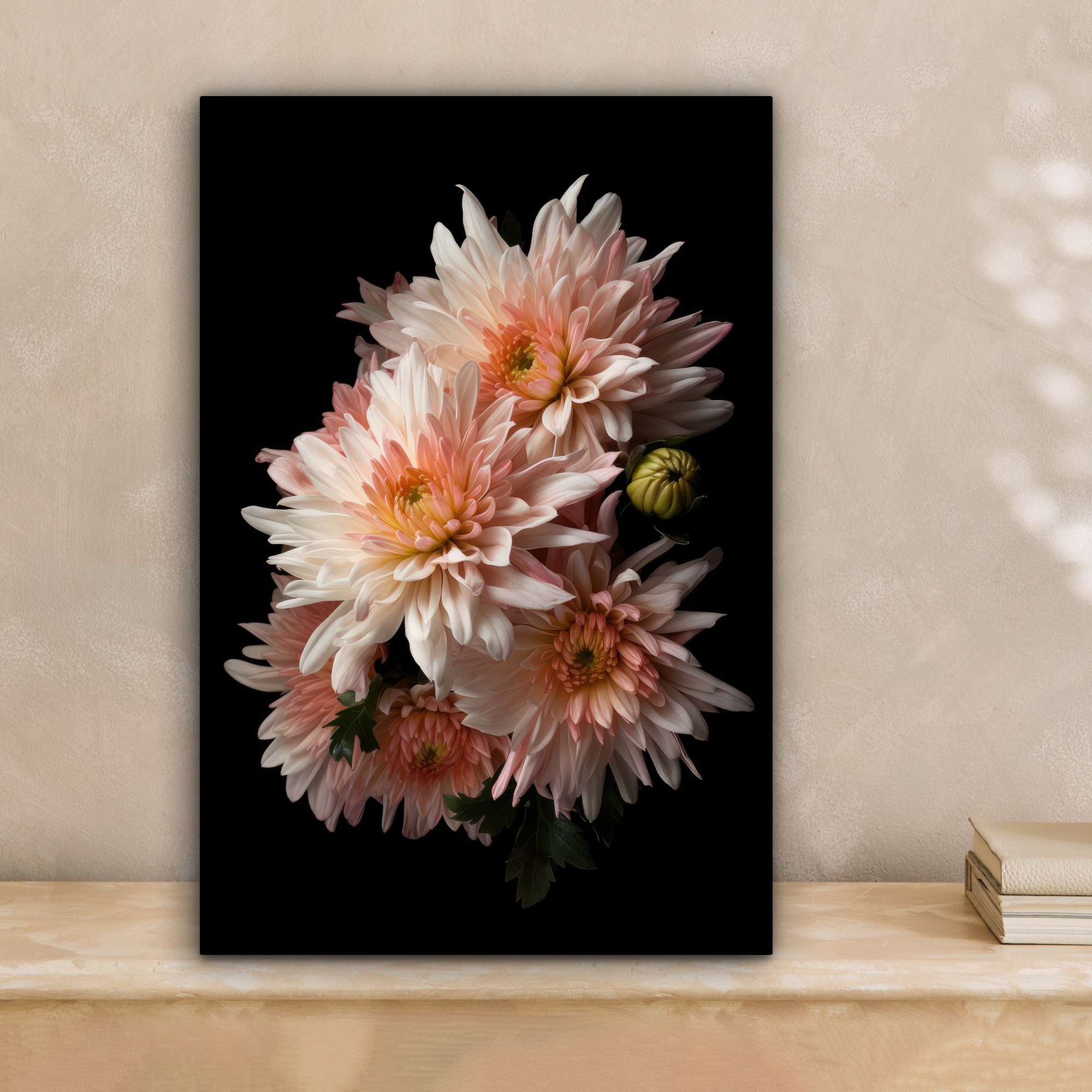 bespannt Chrysantheme Blumen (1 inkl. St), - - cm Schwarz, Leinwandbild fertig - Weiß Zackenaufhänger, 20x30 OneMillionCanvasses® Gemälde, - Natur Leinwandbild