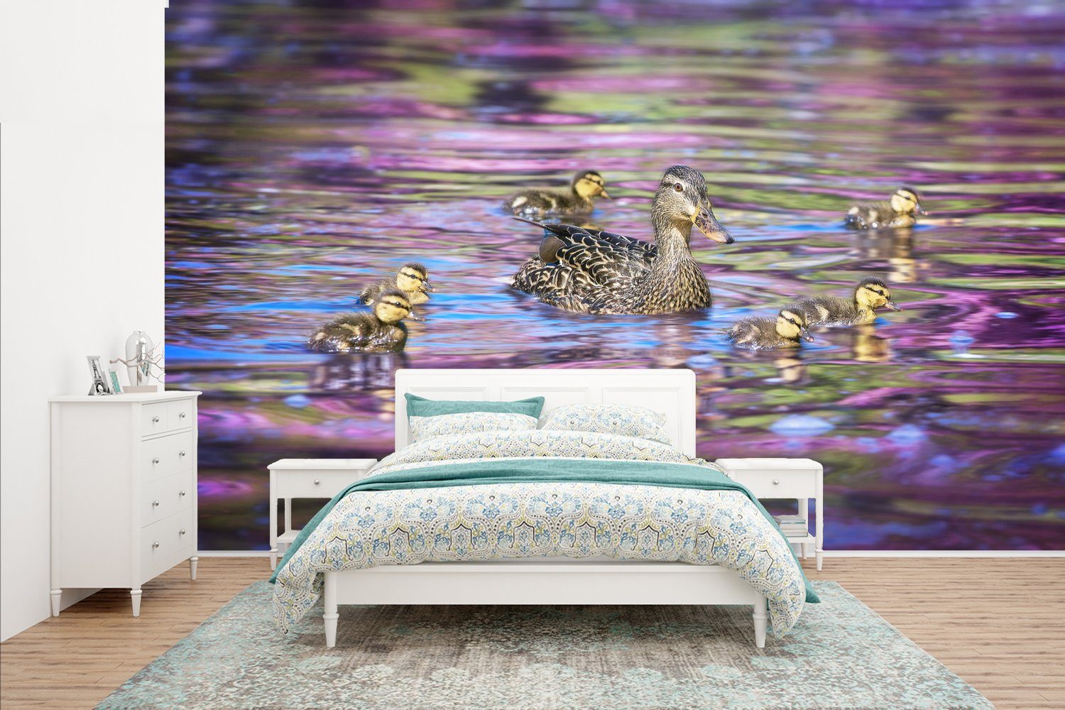 MuchoWow Fototapete Ente Schlafzimmer, bedruckt, - (8 Farben, Vinyl Wallpaper Kinderzimmer, St), - Matt, für Tapete Wasser Wohnzimmer