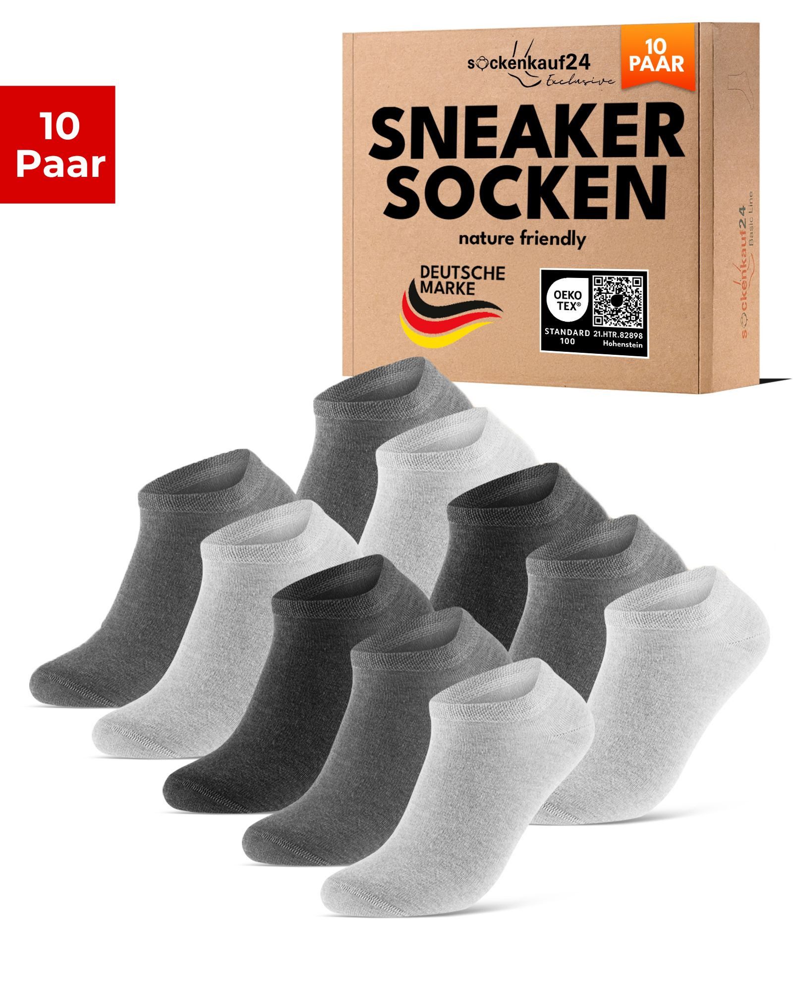 sockenkauf24 Sneakersocken Premium Sneaker Socken Herren & Damen mit Komfortbund ohne Gummidruck (Grau/Anthrazit, 10-Paar, 43-46) atmungsaktive gekämmte Baumwolle, ohne Naht, Exclusive Line