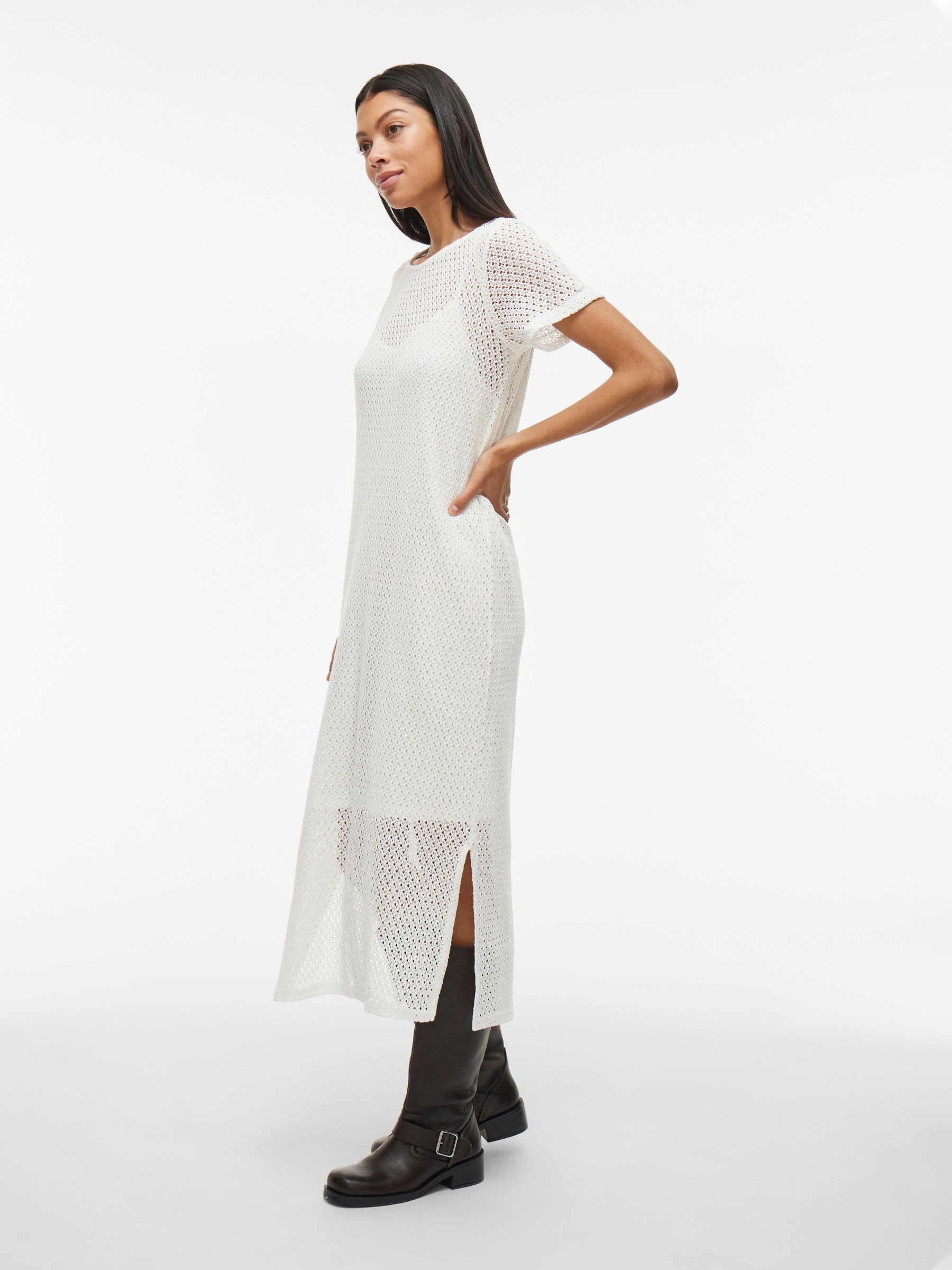 Vila Shirtkleid Elegantes Mesh-Design mit durchsichtigen Details (7/8-Länge) VIMINE O-NECK S/S MIDI DRESS