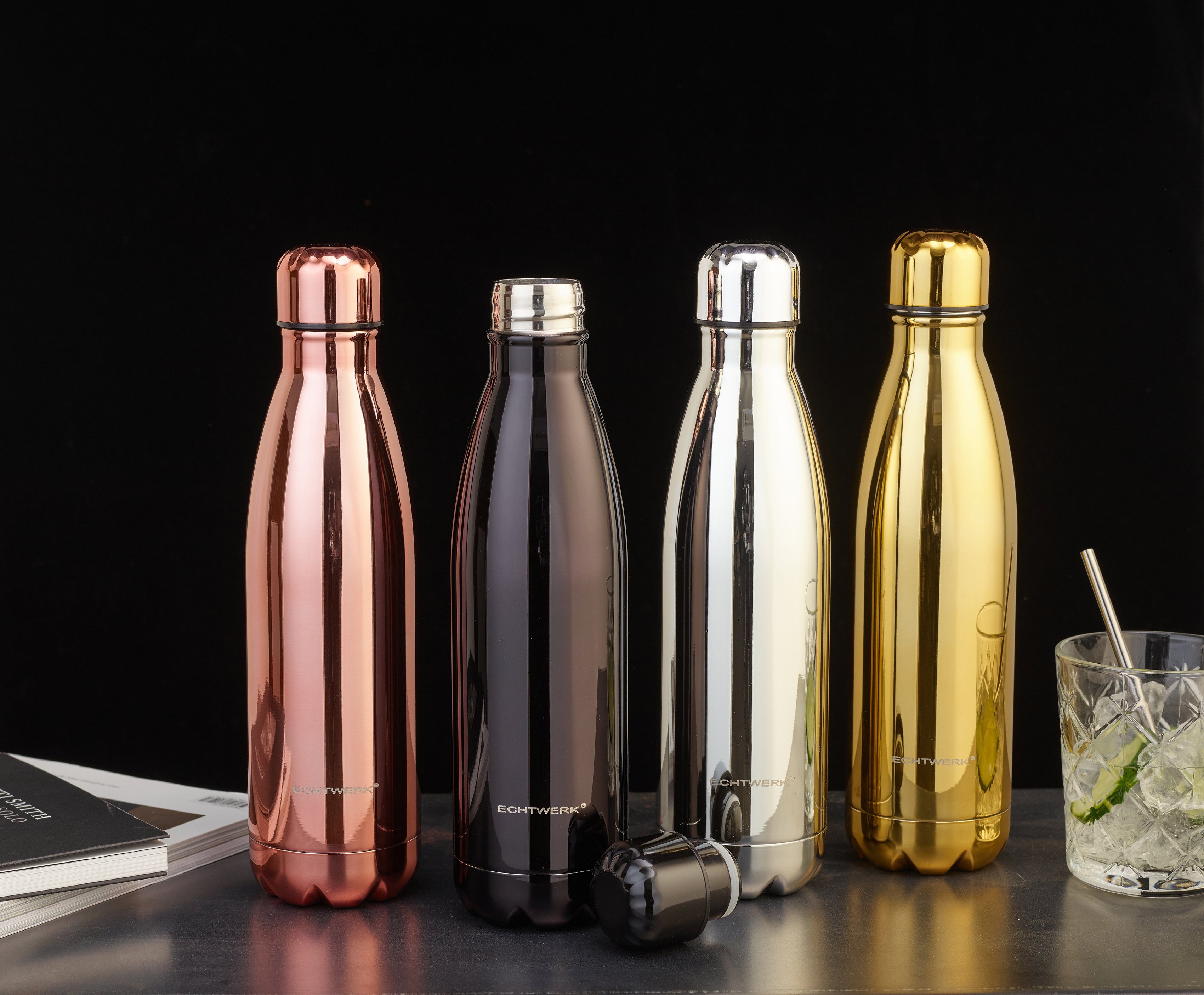 ECHTWERK Isolierflasche Shiny, Trinkflasche, Klavierlackoptik, BPA-Frei hochwertigem aus Edelstahl, schwarz