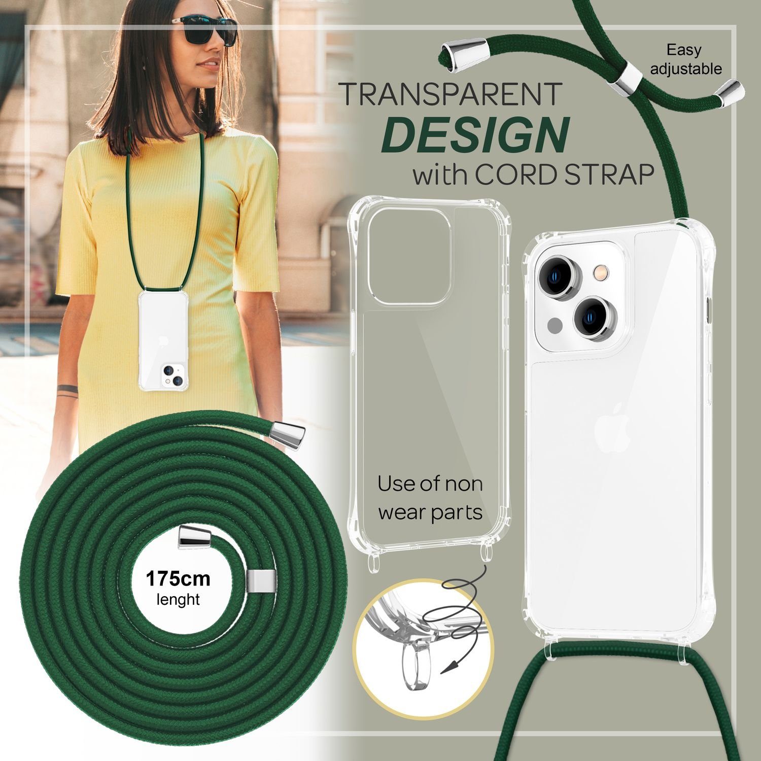 Nalia Backcover Apple iPhone 14 15,5 cm (6,1 Zoll), Klare Hybrid Hülle mit Kette / Schutzhülle zum Umhängen / Handyband