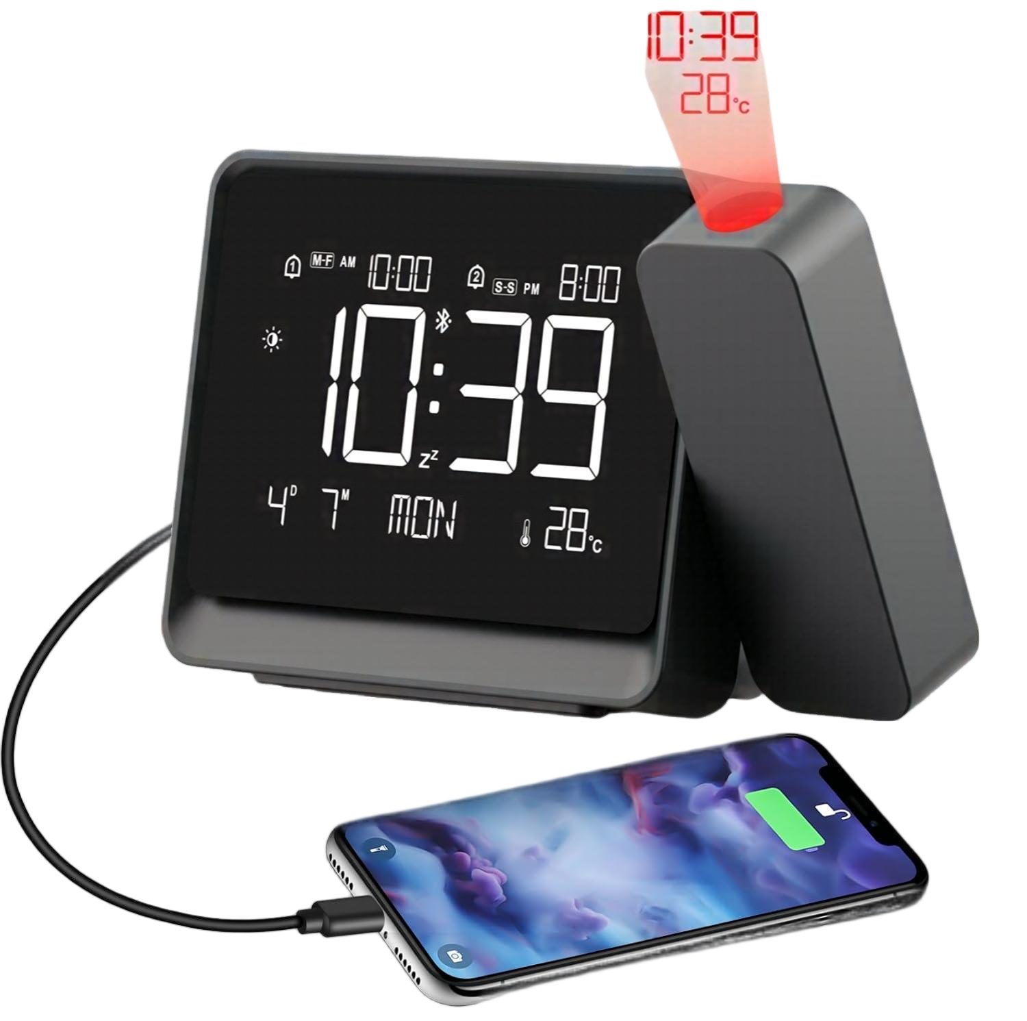 Toomoke Projektionswecker Bluetooth Digital Wecker,Elektronische Uhr,Nachtlicht,Digitaluhr mit Temperaturanzeige,Datum und Wochentag,180° drehbarem Projektor