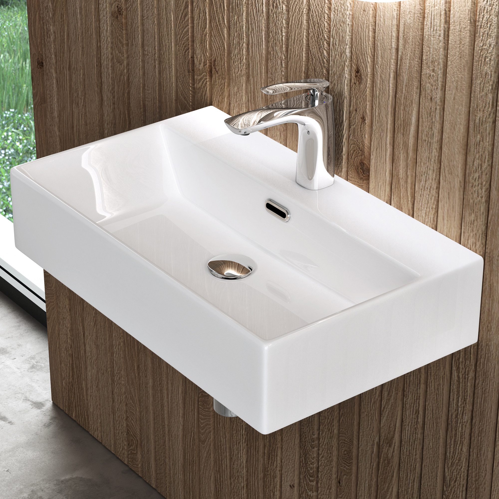 doporro Waschbecken Aufsatzwaschbecken Keramik 40-60cm Breite mit Nano-Beschichtung Br206, aus einem Stück, DIN-Anschlüsse