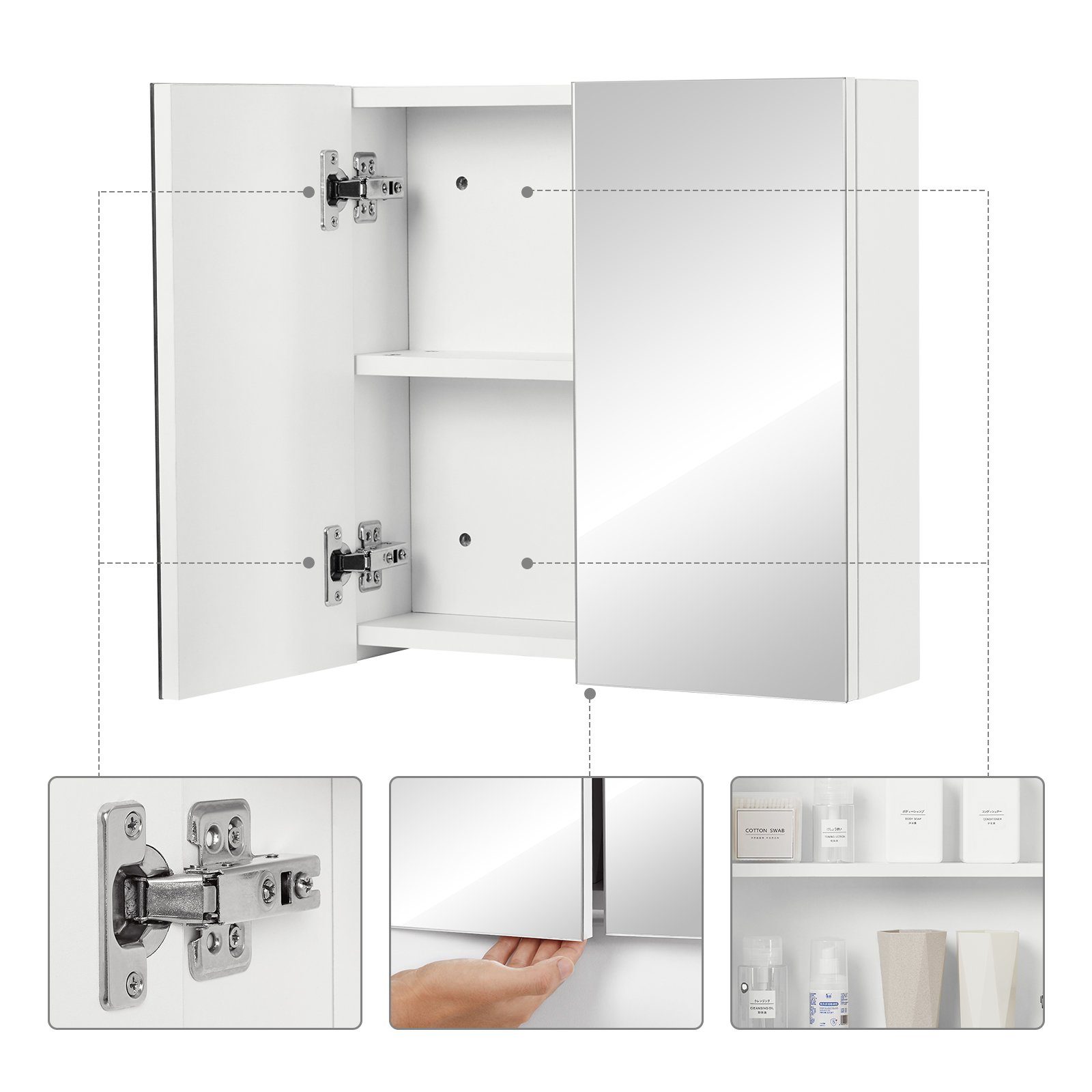 Mondeer Badezimmerspiegelschrank Badezimmerspiegel Hängeschrank, Wandschrank, mit 2 Türen 45 x 12.9 x 45 cm, Weiß – Bild 5 von 5