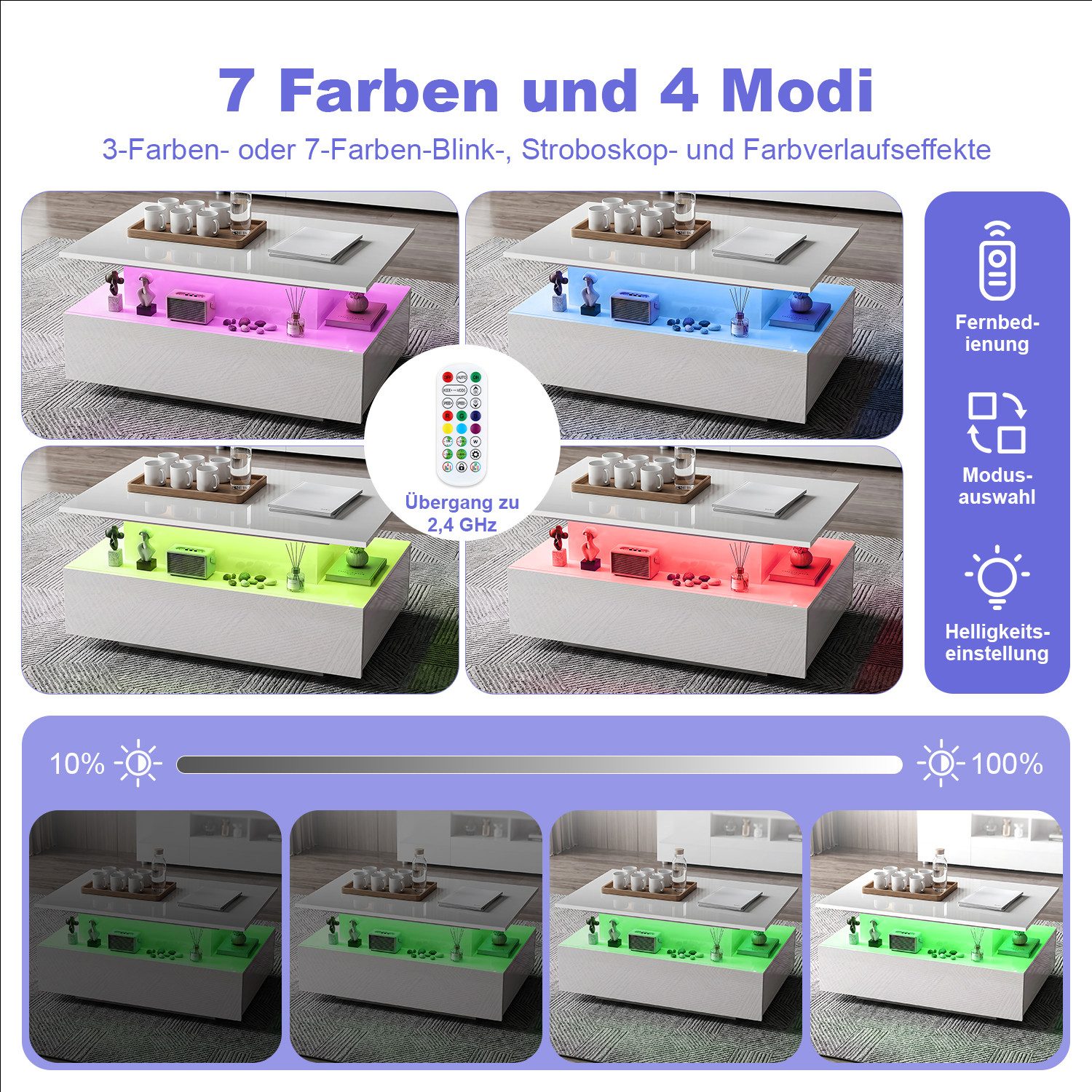 oyajia Couchtisch Hochglanz Wohnzimmertisch Mit LED Beleuchtung, Höhenverstellbarer (Bluetooth-Fernbedienung.App-Steuerung, offenen Fächern,stabil, pflegeleicht, Hochglanz-Design, 85 x 55 x 42-59.5cm Beistelltisch), mit 2 Schubladen und Stauraum