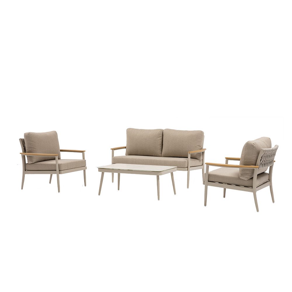 acamp Gartenlounge-Set mit Tisch Aluminium 4 teilig, (10 cm Sitzkissen Polywood Armlehnen wetterfest pflegeleicht), pulverbeschichtetes Aluminiumgestell mit Glas Keramik Tisch