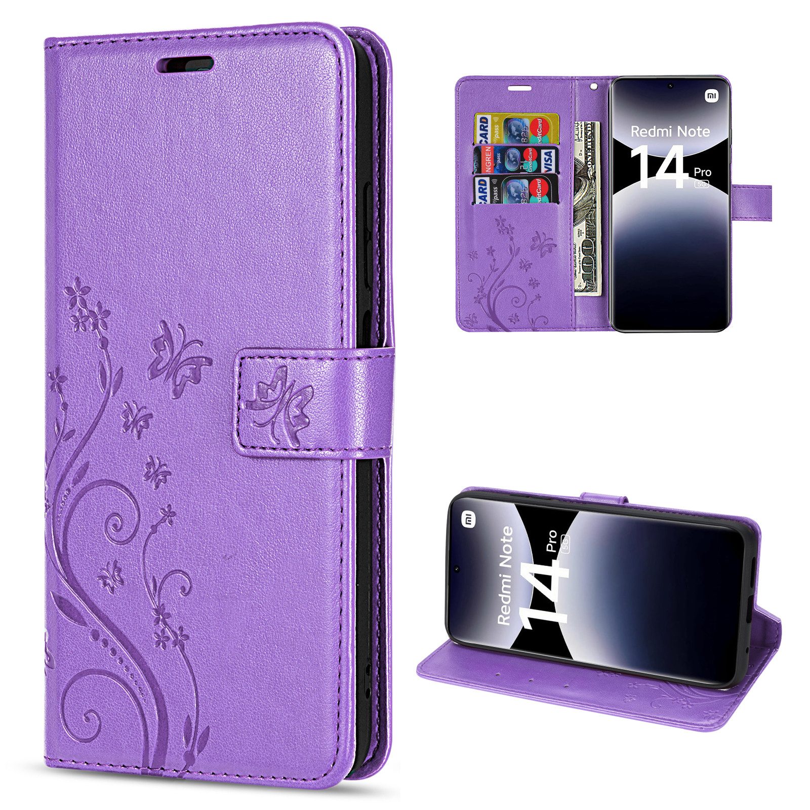 betterfon Handyhülle für Xiaomi Redmi Note 14 Pro 5G Wallet Case Flip Cover, Bookstyle-Hülle: Magnetverschluss 3 Kartenfächer & Standfunktion