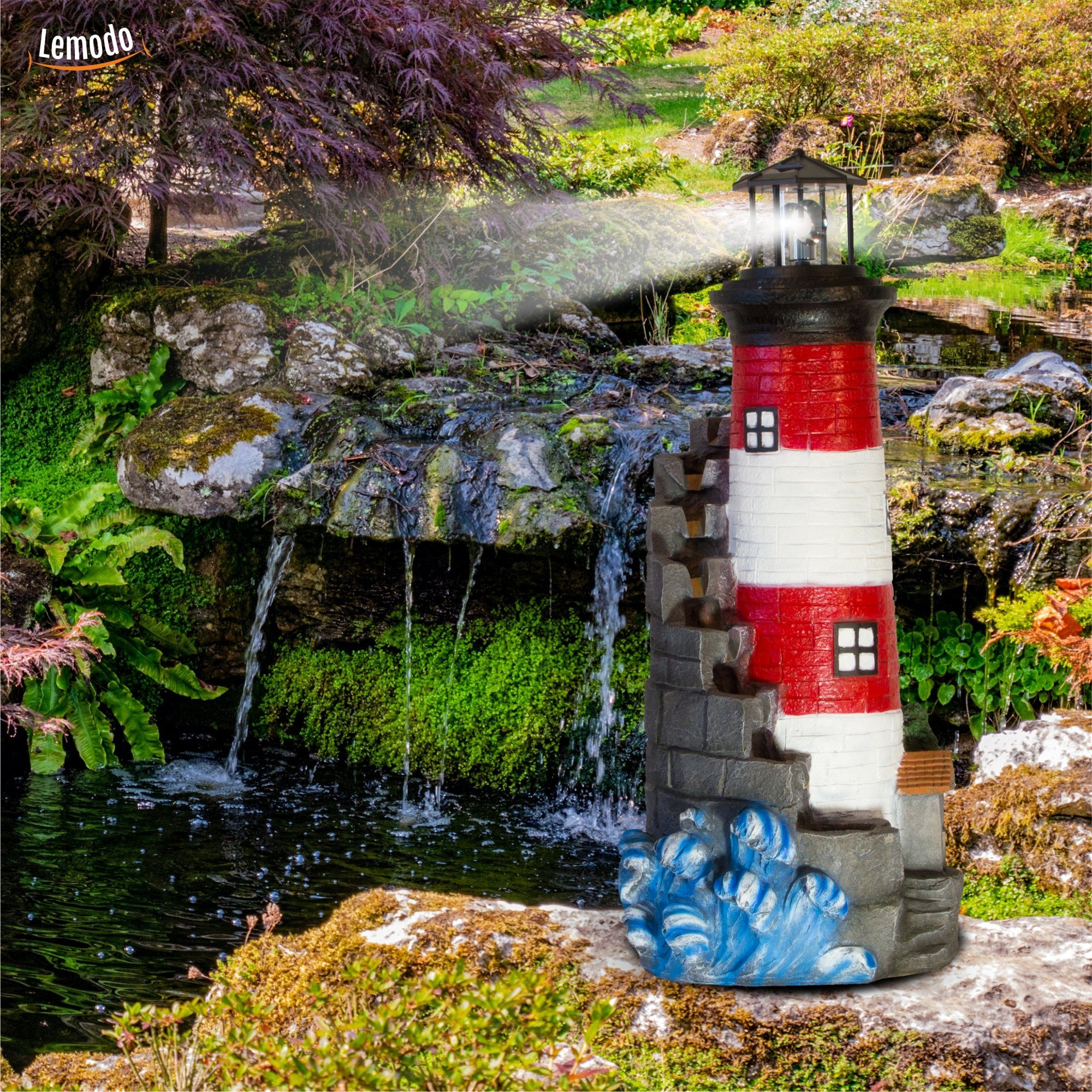 LED-Beleuchtung, mit 40,00 NATIV mit Leuchtturm Komplettset Gartenbrunnen Wasserspiel cm Breite, Garten Pumpe