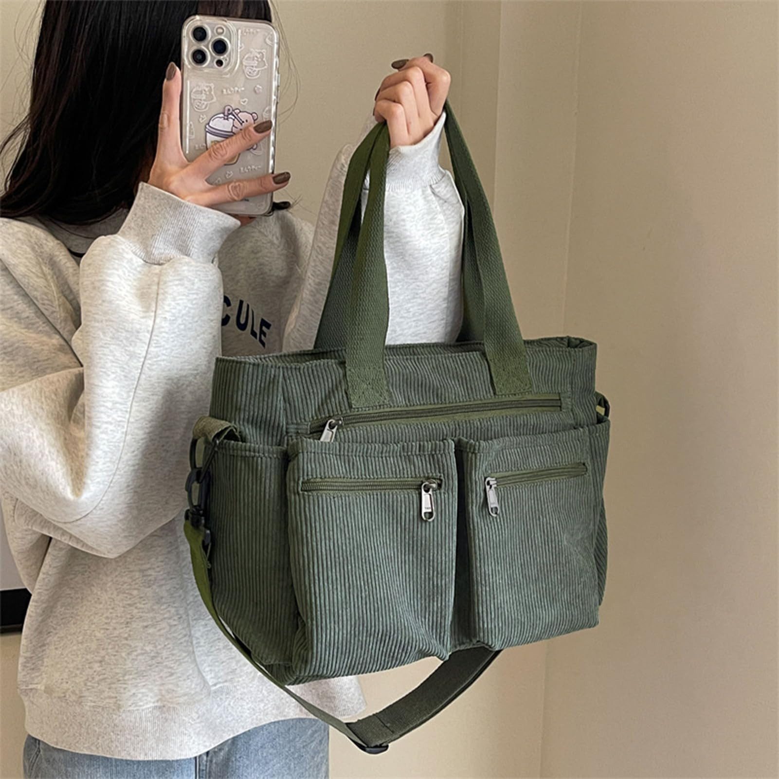 nsihing Schultertasche Cordtasche für Damen, große Tragetasche, Kuriertasche, mehrere Taschen, Handtasche für Arbeit, Schule, Reisen – Bild 4 von 5