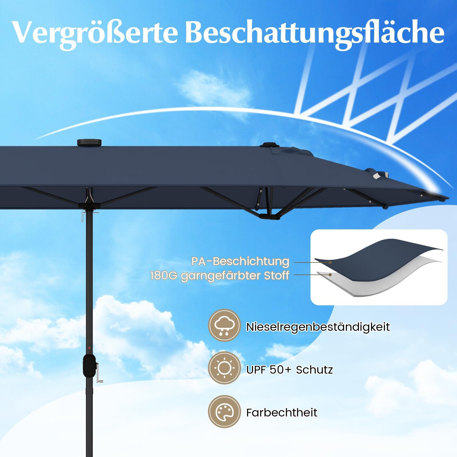 COSTWAY Sonnenschirm, 400 x 200 cm, LED-Solar-Beleuchtung, mit Ständer