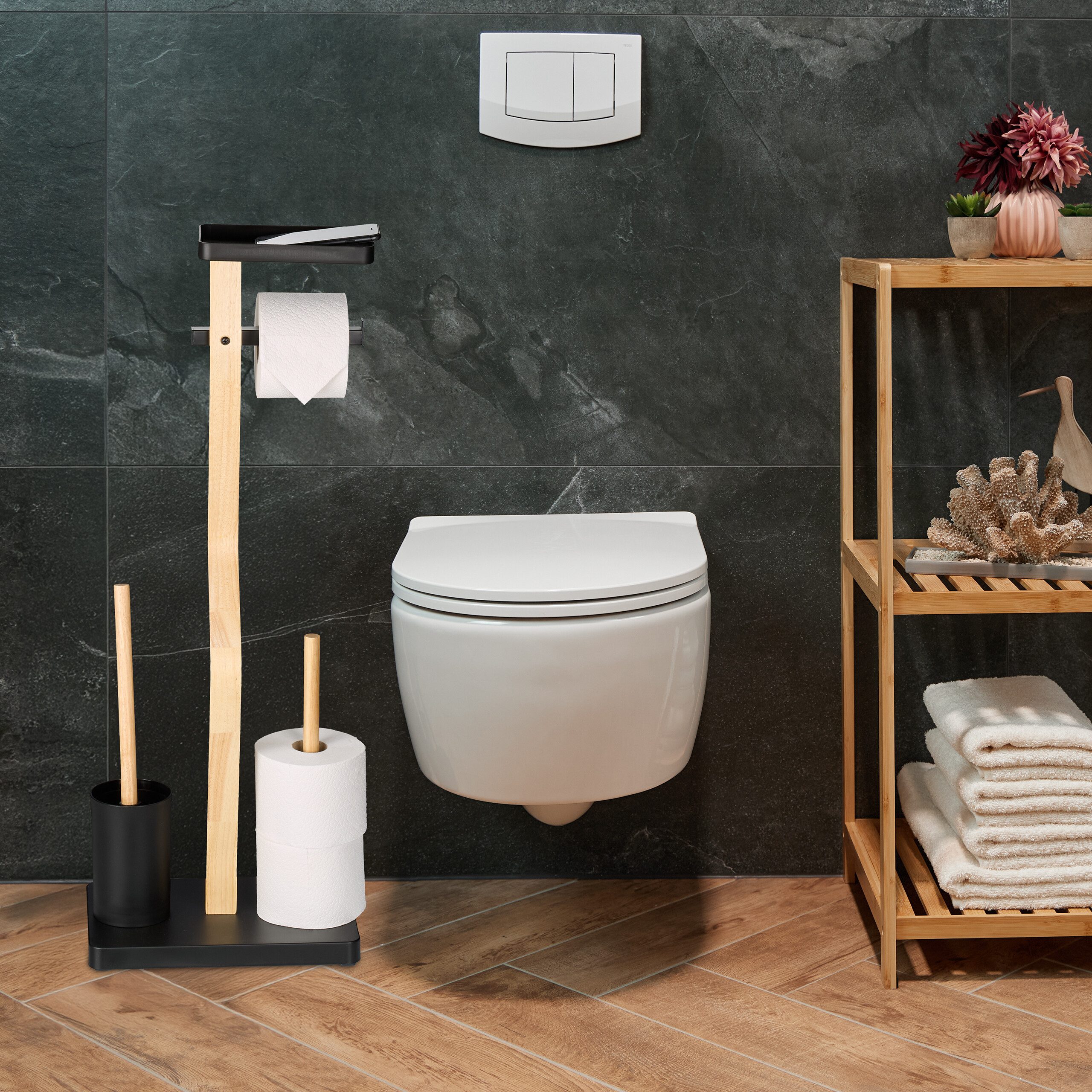 relaxdays WC-Garnitur Bambus & Eisen mit Ablage, weiß günstig online kaufen