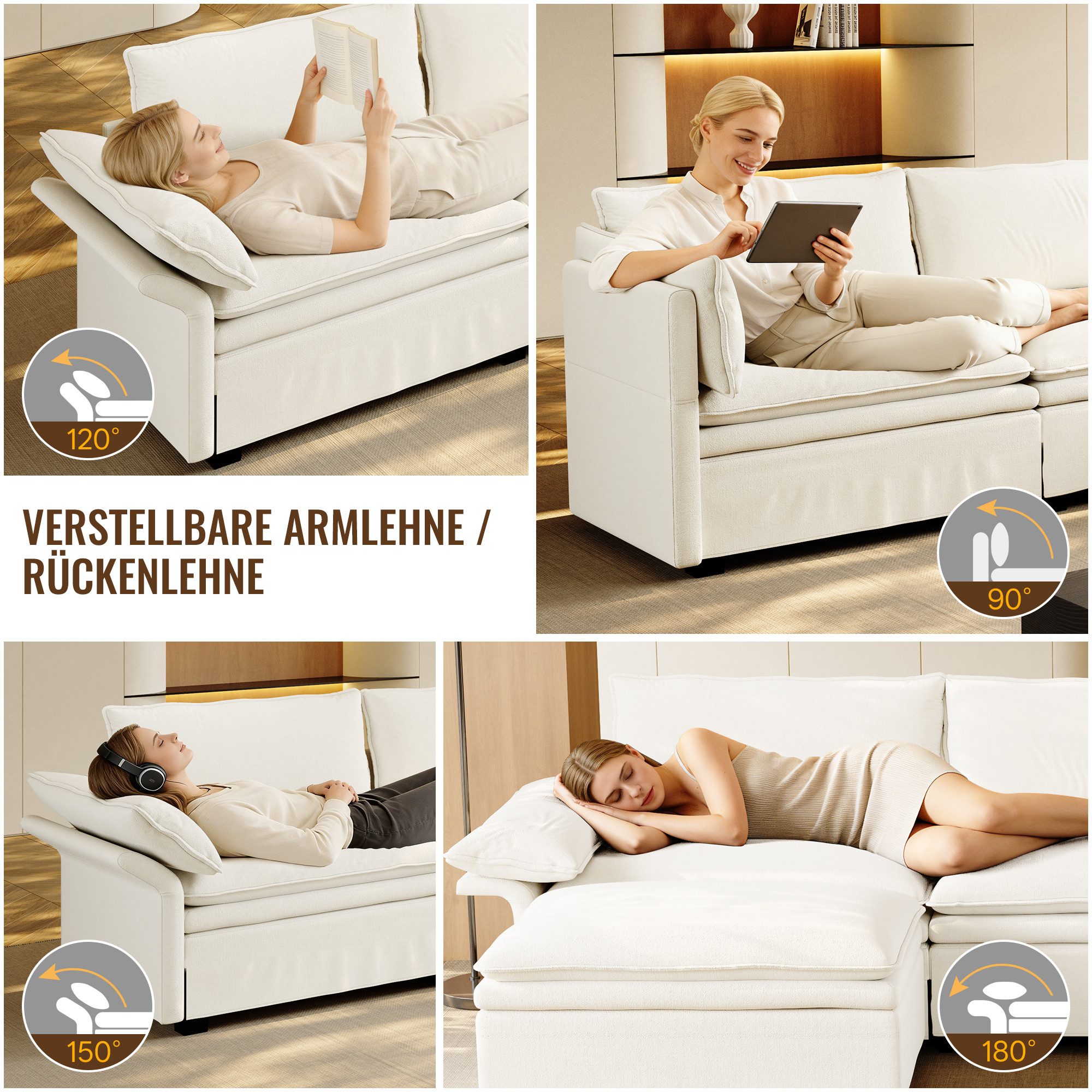 i@home Ecksofa 4-Sitzer Sofa, mit drahtloses Laden, Lautsprecher, LED, 2 Tassenhalter, schwarz/beige