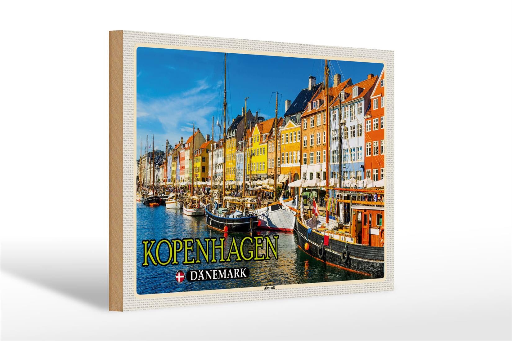 Femer GmbH Holzbild Reise 30x20cm Kopenhagen Dänemark Altstadt Boote, (1 St), Glatte Holzfaserplatte (MDF), vorn beschichtet