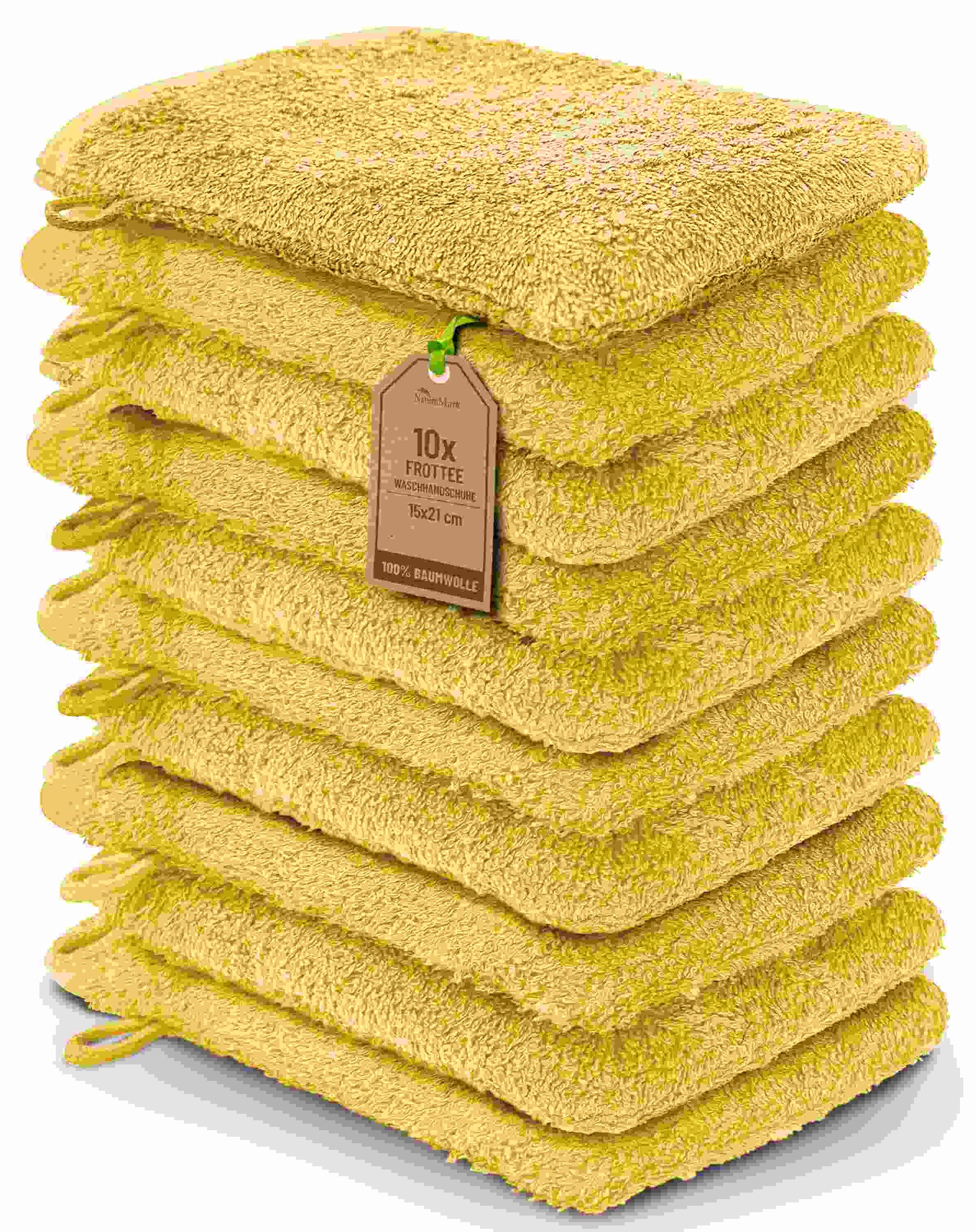 NatureMark Waschhandschuh 10er-Set Frottier Waschhandschuhe, 100% Baumwolle (10-St), Premium Frottier Waschhandschuhe, 15x21cm, Gelb