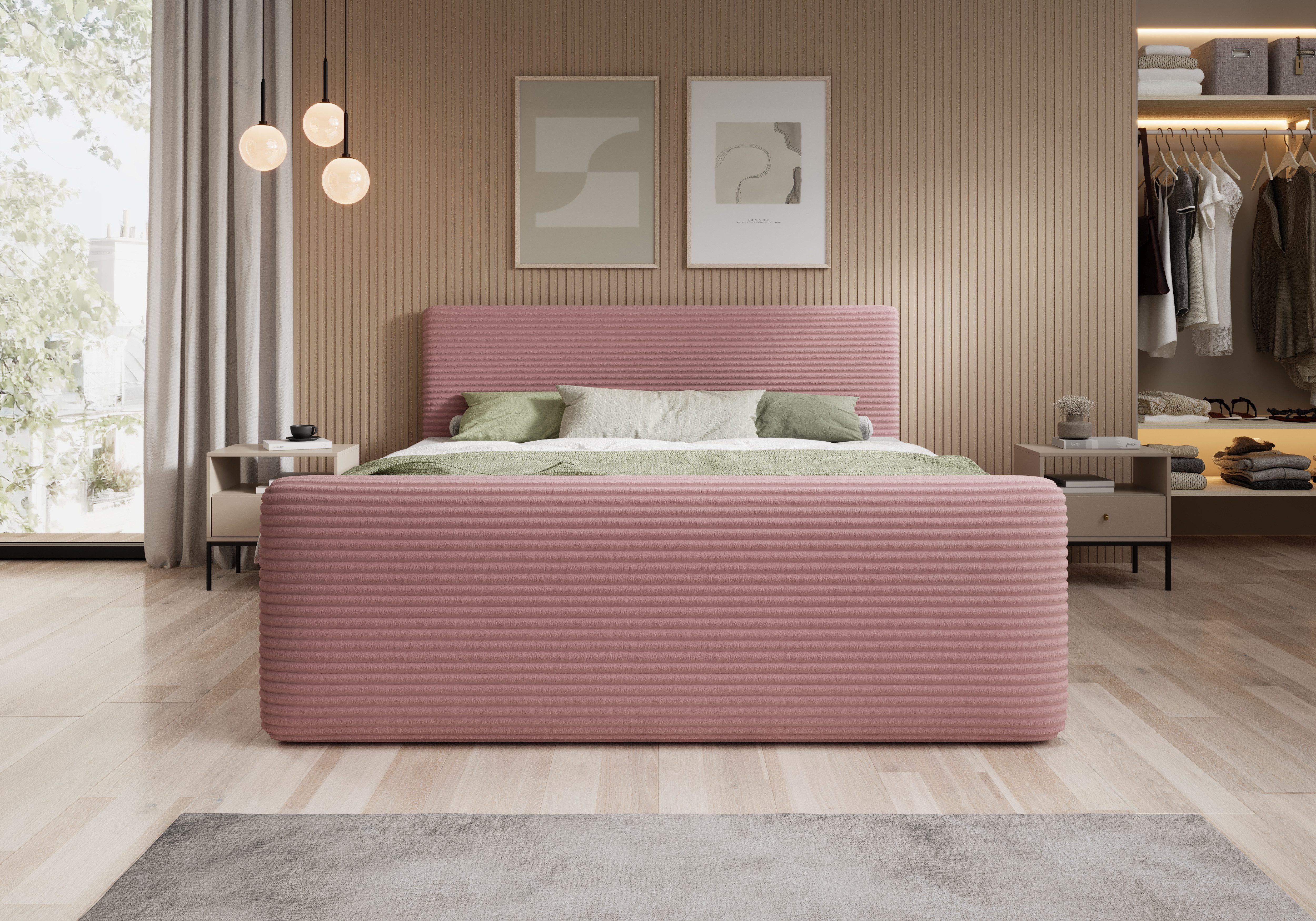 thematys Boxspringbett Cord mit Bettkasten 140x200–200x200 cm – Luxus Boxbett (Polsterbett Bonnellfederkern Matratze H3 + Gratis 3cm Topper, Doppelbett mit Stauraum)