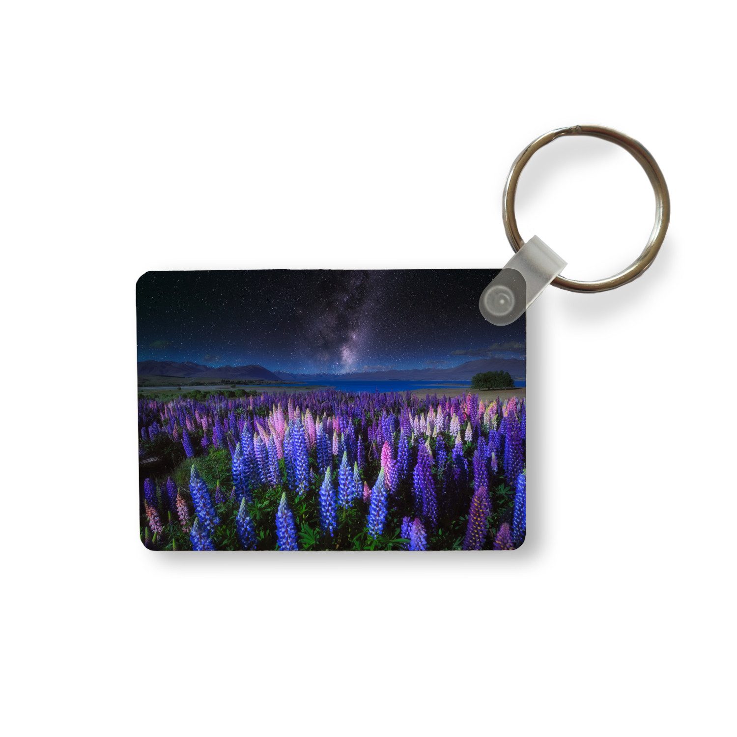MuchoWow Schlüsselanhänger Blumen - Nacht - Lupine - Sternenhimmel - Lila - Natur, Rechteckig mit Schlüsselring, Geschenk, Accessoire, 6x4 cm