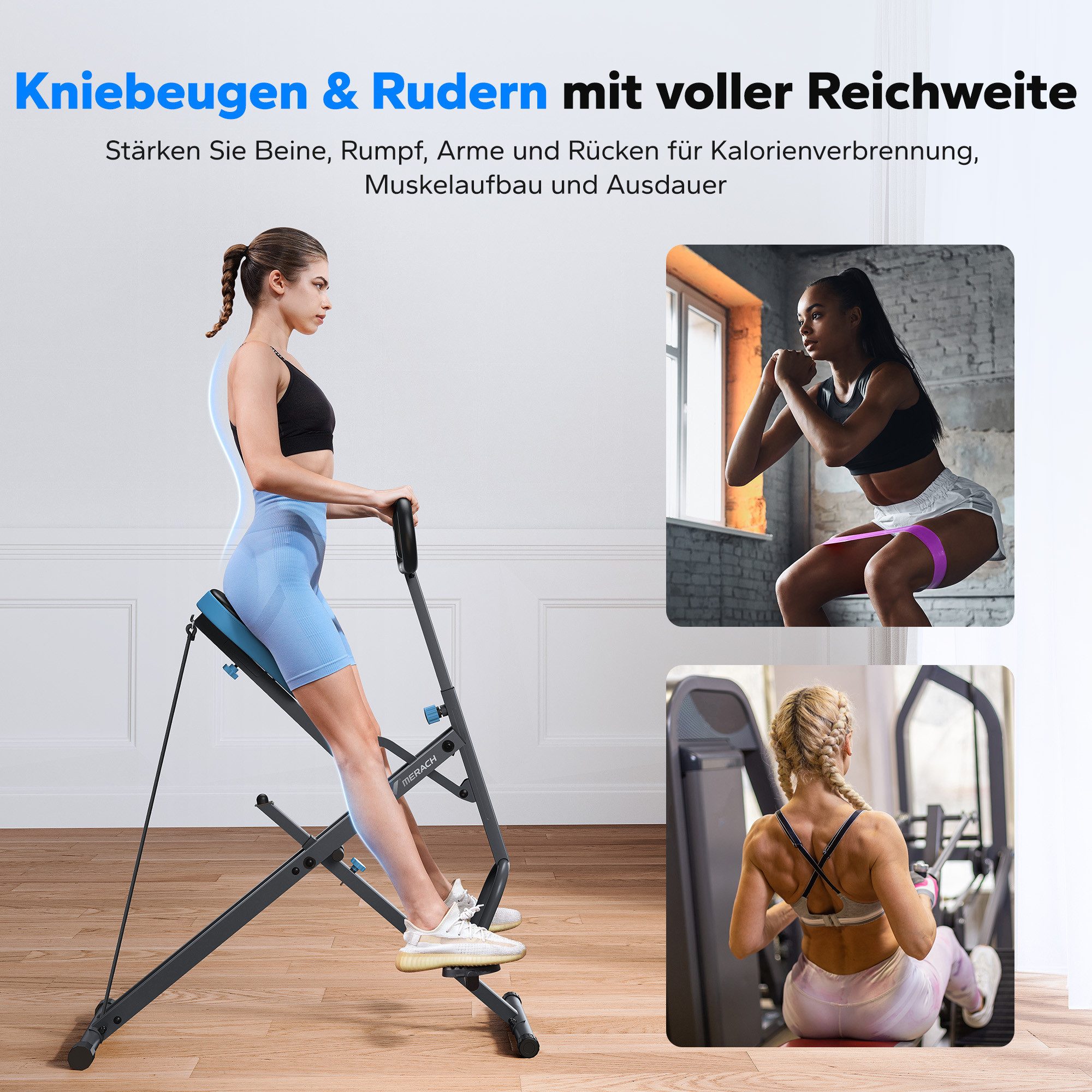 MERACH Bauchtrainer Fitnessgerät für Zuhause, Bauchmuskeltrainer, Rückentrainer (3 einstellbare Widerstandsbänder, bis 158 kg belastbar, klappbar, Platzsparend, verstellbarem Sitz, Armlehne und Lenker, LCD-Monitor), Kniebeugentrainer, Heimtrainer, Bauchtrainer für Ganzkörpertraining