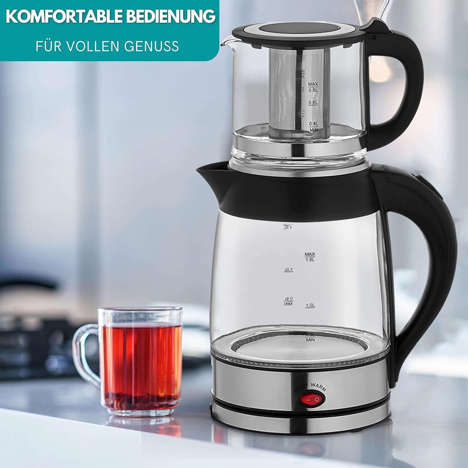 Zilan Wasserkocher ZLN-4858 Semaver Caydanlink, 1.8 l, 2200 W, Warmhaltefunktion,Edelstahl,BPA-frei