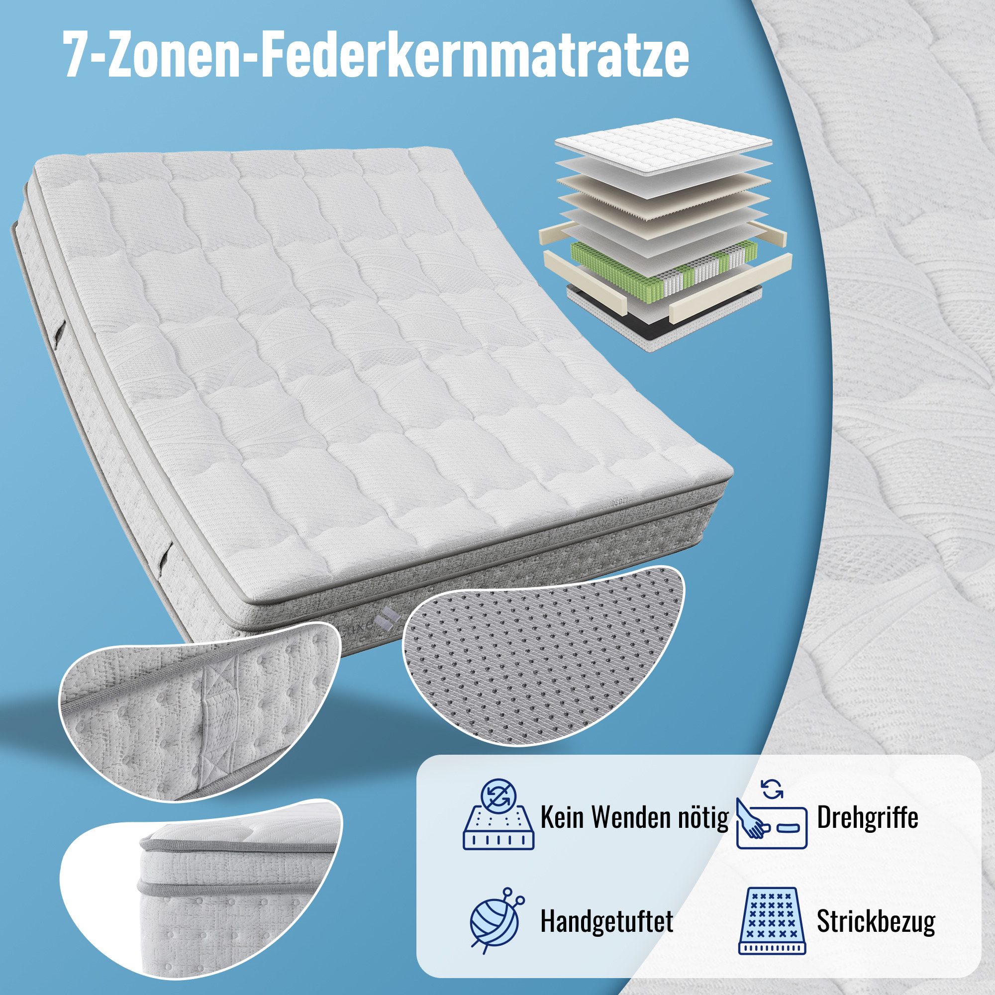 Taschenfederkernmatratze, Flieks, 25 cm hoch, 7-Zonen Federkernmatratze 140x200cm, ergonomisch, Härtegrad H3