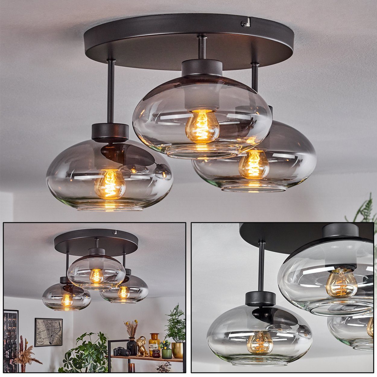hofstein Deckenleuchte moderne Deckenlampe aus Metall/Glas in Schwarz/Rauch günstig online kaufen