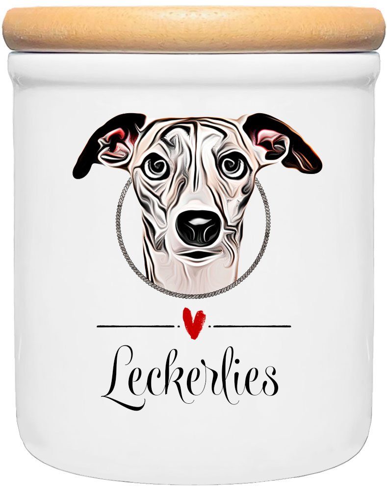 Cadouri Vorratsdose WHIPPET - Leckerlidose Hund - für Hundekekse, Keramik, (Leckerlidose mit Hunderasse, 2-tlg., 1x Keramikdose mit Holzdeckel), Hundekeksdose, handgefertigt in Deutschland, für Hundebesitzer, 400 ml